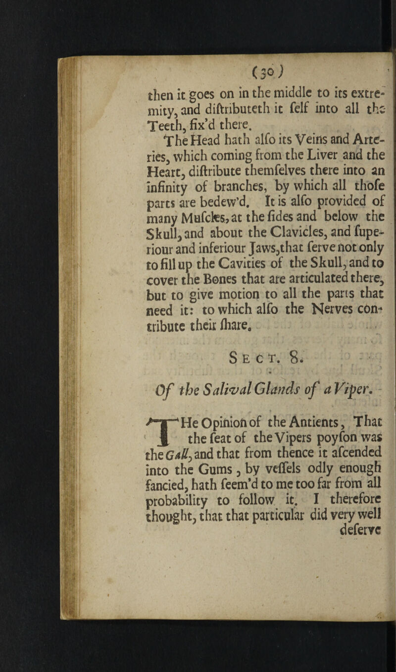 (3°) then it goes on in the middle to its extre¬ mity, and diftributeth it felf into all thc Teeth, fix’d there. The Head hath alfo its Veins and Arte¬ ries, which coming from the Liver and the Heart, diftribute themfelves there into an infinity of branches, by which all thofe parts are bedew’d. It is alfo provided of many Mufctes,at thefides and below the Skull, and about the Clavicles, and fupe- riour and inferiour Jaws,that ferve not only to fill up the Cavities of the Skull, and to cover the Bones that are articulated there, but to give motion to all the parts that need it: to which alfo the Nerves con* tribute their Ihare. S e c t. 8. •_ » Of the Salivai Glands of a Viper. • ' ' » ' .'té- T He Opinion of theAntients, That the feat of the Vipers poyfonwas the Gall, and that from thence it afcended into the Gums , by veffels odly enough fancied, hath feem’d to me too far from all probability to follow it. I therefore thought, that that particular did very well deferve V. I I