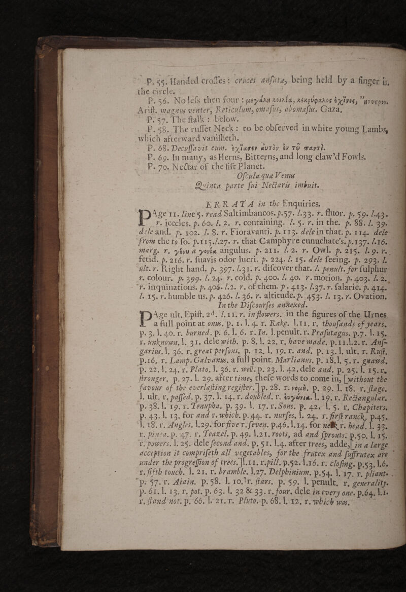 I V p. 55. Handed croJes: cruces anfdU3 being held by a finger the circle. P. 56. No lefs then four : (xiy*An hqiaU, Kwpv'tpaAot iylm, ’Vvrp»r. A rift. Wit gnus venter3 Reticulum, 0 mafus3 (thorn of us, Gaza. P. 57. The ftalk : -below. P. 58. The ruflet Neck : to be obferved in white young Lambs, which afterward vanilheth. , - • ' i'S P. 68. Dccuffavit eum. tyjartr avvov. Tcj> tcwti. P. 69. In many, as Herns, Bitterns, and long claw’d Fowls. P. 70. Neftar of the lift Planet. ‘ Ofcula qux Venus Qyinta parte fur Nettaris imbuit. E R R. All A in the Enquiries. ,bge ix. lint 5. readSaltimbancos.p.57. /.33. r. fluor. p. 59. /.43. r. icecles. p. 60. L 2. r. containing. /. 5. r. in the. p. 88. /. 39. dele and. f, 102. /. 8. r. Fioravanti. p. 113. dele in that.y. 114. dele from the to fo. 115./.27. r. that Camphyre eunuchate’s. p.137. /.id. fflarg. r. yovv a yo/t* angulus. p. 211. /. 2. r. Owl. p. 215. /. 9. r. fetid, p. 216. r. fuavis odor lucri. p. 224. /. 15. </e/e feeing, p. 293. /. ult. r. Right hand. p. 397. /.31. r. difeover that. /. penult, for fulphur r. colour, p. 399. /. 24. r. cold. p. 400. /. 40. r. motion. p. 403. /. 2., r. inquinations. p. 406. /.2. r. of them. y. 413. A37. r. falarie. p. 414. /. 15. r. humble us.p. 426. /. 36. r. altitude.p..453. /. 13. r. Ovation. In the Difcourfes annexed. ■ - PAge ult. Epift. 2J. /.11. r. inflowers, in the figures of the Urnes a full point at onus. p. 1. 1. 4. r. Rake. l.n. r. thoufands of years. p. 3,1. 40. r. burned, p. 6.1. 6. r.In. 1.penult, r. Prafutagus. p.7. 1.15, r. unkjtown. 1. 31. dele with. p. 8.1. 22. r. have made. p. 11.I.2. r. Anf- garius. 1. 36. r. greatperfons. p. 12.1. 19. r. and. p. 13.1. ult. r. Rujl. p.16, r. Lamp. Galvanus. a full point. Marlianus. p. 18.I, 5. r. gnawd. p. 22.1. 24. r. Plato. 1. 36. r. well. p. 23.1. 42. dele and. p. 25.1. 15.r* (Ironger. p. 27.1. 29. after time, thefe words to come in, [without the favour of the everlajling regifier.] p. 28. r. yofxi). p. 29. 1. 18. r. ft age. I. ult. v.pajfed. p. 37.1. 14. r. doubled, r. ivywru1.1.19. r. Rectangular. p. 38.1. 19. r. Tenupha. p. 39. 1. 17. r.Sens. p. 42. 1. 5. r. Chapiters. p. 43.1. 13. for and r. which, p. 44. r. nurfes, 1. 24. v.firfiranc\, p.45. 1.18. r. Angles. I.29. for five r.feven. p.46.1.14. for netfiv. head. 1. 33. r. pinea. p. 47. r. Teazel, p. 49.1.21. roots, ad and fprouts. p.50.1. 15. r. powers. 1. 25. dele fecond and. p. 51.1.4. after trees3 adde,[z« a large deception it comprifeth all vegetables, for the frutex and fuffrutex are under theprogrejjion of trees.']l.n. r.pill. p.52.I.16. r. clofmg. p.53.1.6. v. fifth touch. 1. 21. r. bramble. I.27. Delphinium, p.54. 1. 17. r. pliant* p. 57* t. Aiain. p. 58. 1. io.’r. flars. p. 59. 1. penult, r. generality. p. 61.1. 13. r. pot. p. 63.1. 32 & 33. r .four, dele in every one. p.64. l.i. i.fiand not. p. 66.1. 21. r. Pluto, p. 68.1. 12. r. which was.' k ' vl r i t