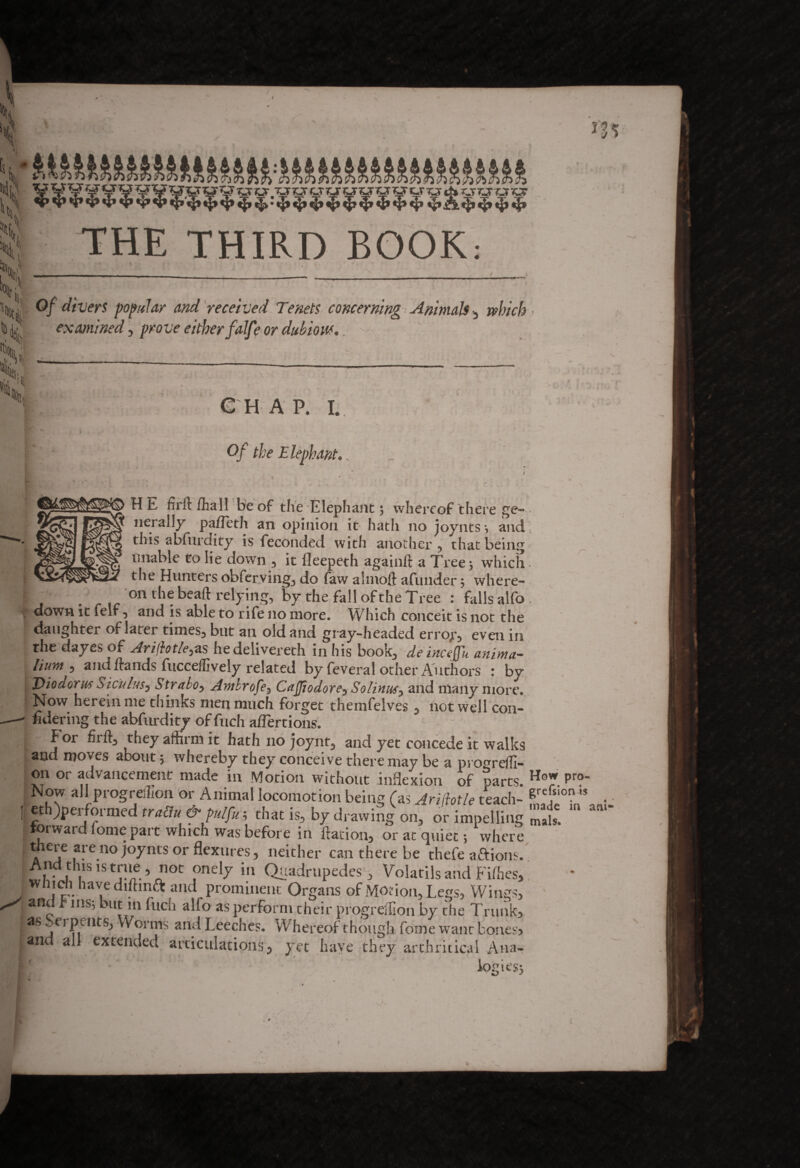 / 5 . .‘Wl ts S» It, - _..... 3 VV^^^VWW^V^wuuuuyuuuuisiJirjuua THE THIRD BOOK: i V Kj . _ _ W- Of divers popular and received Tenets concerning Animate -, n?h/VI> • *Jf examined y prove either falfe or dubious.. 'A A ' ’ i < )i »*«:, \ 4tf CHAP. I. Of the Elephant.. 2 3 <5 HE firft fiball be of the Elephant; whereof there ge- 9wJ/l Idls^ nerally pafleth an opinion it hath no joynts; and * Biis abfurdity is feconded with another , that being unable to lie down , it fleepeth againft a Tree; which- the Hunters obferving, do faw alinoft afunder; where- | . on the beaft relying, by the fall of the Tree : fills alfo . I down it felf, and is able to rife no more. Which conceit is not the daughter of later times, but an old and gray-headed error, even in the dayes of Ariflotleyzs hedelivereth in his book, de incejfu anima- liunt, and Hands fucceffively related by feveral other Authors : by Diodorus Siculus, Straboy Ambrofey Caffiodorcy Solinuiy and many more. : Now herein me thinks men much forget theinfelves , not well con- - ndering the abfurdity of fuch aflertions. | For firft, they affiim it hath no joynt, and yet concede it walks ana moves about; whereby they conceive there may be a progreffi- on or advancement made in Motion without inflexion of parts. How Pr?' |Now all1 progreihon or Animal locomotion being (as Arifiotle teach- dPei °} nied tra&u & pulfu; that is, by drawing on, or impelling mals. forward Lome part which was before in ftation, or at quiet; where ithere are no joynts or flexures, neither can there be thefe attions. And tins ts true , not onely in Quadrupedes, Volatilsand Fifties,. ich have dtftmft and prominent Organs of Motion, Legs, Wings, and t ins; but in fuch alfo as perform their progreffion by the Trunk, las Serpents, Worms and Leeches. Whereof though feme want bones, [and all extended articulations, yet have they arthritical Ana- m aru- logics; A-