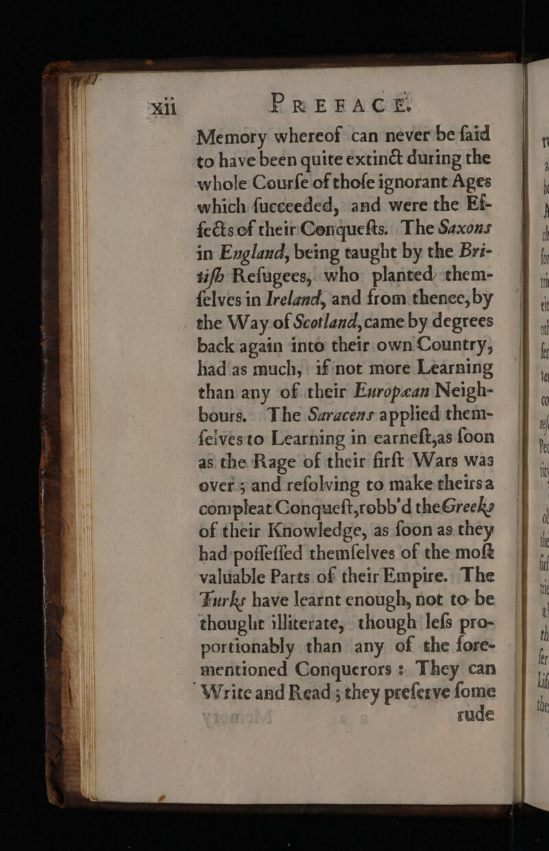 resol (hat Gnmenanierrars pepe meen mt ep thigd ee OLN EOIN iA IO IAL IAT y é PREFACE. Memory whereof can never be faid to have been quite extinct during the whole Courfe of thofe ignorant Ages which fuceeeded, and were the Ei- fects of their Conquefts. The Saxons in England, being taught by the Bri- tifo Refugees, who: planted: them- {elves in Ireland, and from thence, by the Way of Scotland, came by degrees back again into their own Country, had'as much, if not more Learning than any of their European Neigh- bours. The Suracens applied them- felvesto Learning in earneft,as foon as the Rage of their firft Wars was over; and refolving to make theirsa compleat Conqueft,robb'd theGreeks of their Knowledge, as {oon as. they had poffeffed themfelves of the moft valuable Parts of their Empire. The Furks have learnt enough, not to be though illiterate, though lefs pro- portionably than any of the fore- mentioned Conquerors : They can rude