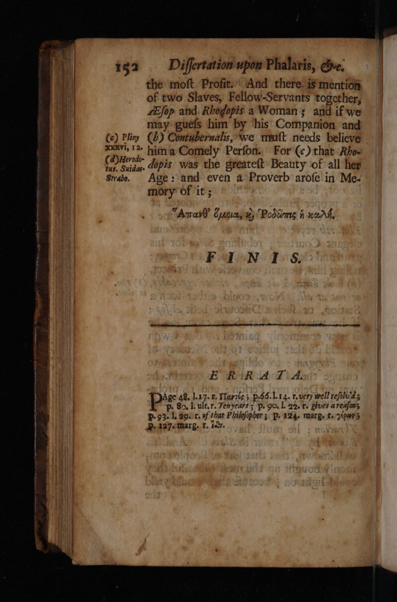 Ot Oe rn ne iT eS eee ne nt a tee ee Eee gee isa —- dDiffertation upon Phalaris, eve, the moft Profit. And there. is mention. of two Slaves, Fellow-Servants together, LEfop and. Rhodopis a Woman's and if we may guefs him by ‘his Companion and (c) Pliny (b) Comtubernalis, we mutt needs believe XXXVI, 12¢ hima Comely Perfon. For (c) that ‘Rho- (a)Heir pis was the dreateft Beauty of all her Strabo. Age: and even a Proverb ‘arofe in Me- mory of it; | “Ara? Cpeoia, 2 “Podtirme i ners. FaIoNn 1° S, E Rik .AT A. ge 48, 1.17.8. Wlapris 5 p.6.1.14. r.very well refolu'd s p. 80, I. ult.r. Zenyears; ‘p. 90. 1. 22. 6. gives areafons Pp. 93. J. 20.8, of thar Plilofopher 5. P. RZq-e Marge Ks /7¢Pay 5 Dp. 3276Marg. f, 107 sid