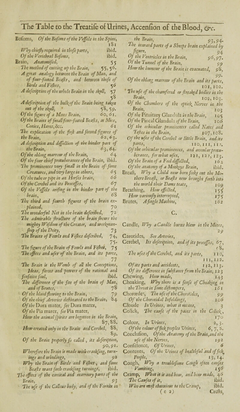 Bofoms, Of the Bofoms of the Vejfels in the Spine, i S i Why chiefly required in thofe parts, ibid. Of the Vertebral Bofoms, ibid. Brain, Anatomifed, . 5 5 The method of cutting up the Brain, 5 5, 5b. A great analogy between the Brain of Man, and of four-footed Beafls, and between thofe of Birds and Fifhes, 5 b A defcription of the whole Brain in the skull, 57 ... . . 58 A defcription of the bulkyf the Brain being taken out of the skull, * 5 S, 55?. Of the figure of a Mans Brain, bo, b 1, Of the Brains offmallfour-footed Beafts, as Mice, Conies, Hares, &c. b 1 explication of the firjl and fecond fgures of the Brain, 62,6-5. A defcription and dffeftion of the hinder part of the Brain, 65, 6y. Of the oblong marrow of the Brain, 6 4 Of the four chief protuberances of the Brain, ibid. The prominences very Jmall in the Brain of feme Creatures, and very large in others, 6 5 Of the tube or pipe in an Horfes brain, 6 6 Of the Cerebel and its Procejfes, 6~j Of the Vejfels arifing in the hinder part of the brain, b8 The third and fourth figures of the brain ex¬ plained, 7 0 The wonderful Net in the brain defcribed, 7 2 The admirable flruclure of the brain Jhcws the mighty Wifdom of the Creator, and workynan- Jh ip of the Deity, 73 The Brains of Fowls and Fijhes defcribed, 74> 75- The figure of the Brain of Fowls and Fijhes, 7 5 The offices and ufes of the Brain, and its parts, 11 The Brain is the Womb of all the Conceptions, Ideas, forces and powers of the rational and fenfitive foul, ibid. The difference of the fite of the brain of Man, and of Brutes, 1% Of the blood flowing to the Brain, 79 Of the chief Arteries deflinated to the Brain-, 84 Of the Dura mater, fee Dura mater, Of the Pia marer, fee Pia mater. How the animal fpirits are begotten in the Brain, 87,88. How created only in the Brain and Cerebel, 88, 89. Of the Brain properly fo called, its defcription, 90,91. Wherefore the Brain vs made with cranlfling, turn¬ ings and windings, 92 Why the Brain of Birds and Fijhes , and fome Beafls want fuch crankfing turnings, ibid. The offices of the cortical and, marrowy parts of the Brain, 9 3 ' The ufe of the Callous body, and of the Fornix ui th Brain, 93,94. J-be inward parts of a Sheeps brain explained by hUT', 94 . Of the Ventricles in the Brain, c>6,97. Of the Tunnel of the Brain, 99 How the humour of the Brain is evacuated, 98, ; 99- Of the oblong marrow of the Brain and its parts, IOI, 102. ' The ufe of the chamfered or flreaked bodies in the Brain, 102,103. Of the Chambers of the opticfi Nerves in the Brain, 103 Of the Pituitary Glandula in theBrain, 105 Of the Pineal Glandula of the Brain, 1 ob Of the orbicular prominences called Nates and Teftes in the Brain, 107,108. Of the ufes of the Cerebel or little Brain, audits parts, 110,111,117. Of the orbicular prominences, and annular protu¬ berance, for what ufes, 121, 122, 123. Of the Brain of a Fool differed, 16 z Of the anatomy of a Monkeys Brain, ibid. Breaft, Why a Child new born fceks out the Mo¬ thers Breaff, or Beafls new brought forth into the world their Dams teats, joy Breathing, How ejfefted, 155 How varioufly interrupted, 175 Brutes, Afingle Machine, \ 62 C. Candle, Why a Candle burns blew in the Mines, 29 Carotides, See Arteries, Cerebel, Its defcription, and of its procejfes, 67, 18. The ufes of the Cerebel, and its parts, 110, 111,112. Of its parts and accidents, 1 j 2, 113. Of its difference in fubflance from theBrain, 123 Chewing, How made, 143 Choaking, Why there is a fenfe of Choakjng in I b I the Throat in fome difiempers, Choroede', The ufe of the Chorotides, Of the Choroeidal In foldings, Cloude In Urines, what it means. Colick, The caufe of the pains in the 99 ic 6 3 Colicky, 170 2,3. 6-> !■> Colour, In Urines, Of the colour of fief peoples Urines, Conclufion, Of the Anatomy of the Brain,and the ufe of the Nerves, 192 Confidence, Of Urines, 6 Contents, Of the Urines of healthful and of fief Veople, 13, 14. Cough, Why a troublefome Cough often caufes Vomiting, 15b Cramp, What it is and how, and how made, 46 The Caufes of it, ibid. Who are mojl obnoxious to the Cramp, ibid. ( e 2) Crefis