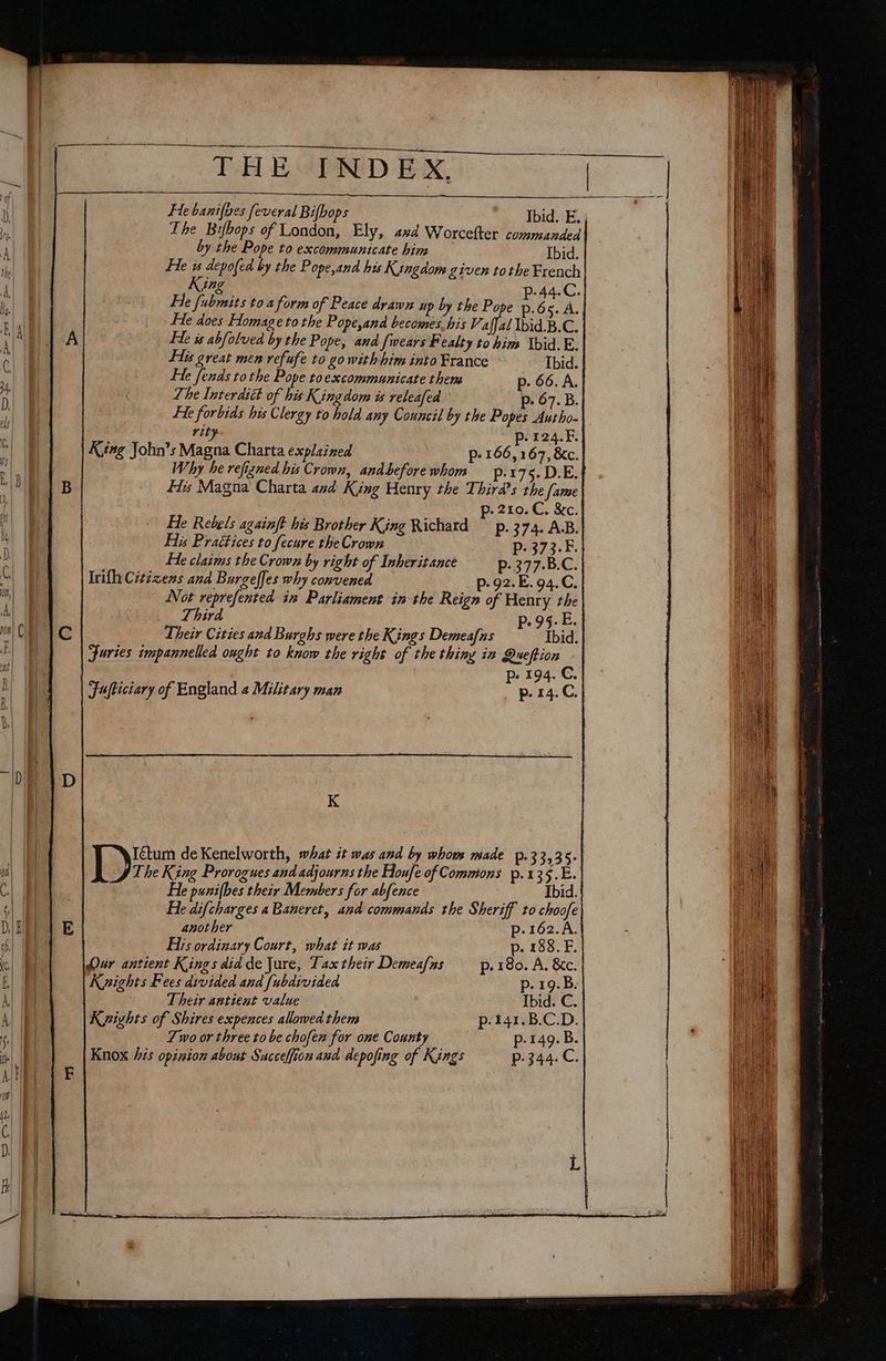 => = > ee Pe ee > a —— ~ Tea RaeeD Be Fle banifpes feveral Bifbops Ibid. E.: The Bibops of London, Ely, asd Worcefter commanded by the Pope to excommunicate him Ibid. Fe is depofed by the Pope,and his Kingdom given tothe French Kin p-44.C. €'p.65. A. p. 67. B. es Autho- Pp. 124.F. Why he refigned his Crown, andbeforewhom p.175.D.E. His Magna Charta and King Henry the Third’s the (ame p- 210.C. &amp;c. He Rebels againft his Brother King Richard ~ p. 374. A.B. His Practices to fecure the Crown | P. 373.F. He claims the Crown by right of Inheritance B377-0:C: Irifh Citizens and Burgeffes why convened p- 92. E. 94.C. Not reprefented in Parliament in the Reign of Henry the Third p. 95. E. Their Cities and Burghs were the Kings Demeafns Ibid. Juries impannelled ought to know the right of the thing in aeee ! p- 194. C. Faufticiary of England 4 Military man p. 14.C. K ae deKenelworth, what it was and by whows made p.33,35-| The King Prorogues and adjourns the Houfe of Commons p.135.E. He punifbes their Members for abfence Ibid. He difcharges aBaneret, and commands the Sheriff to choofe another p.162.A. His ordinary Court, what it was p. 188. F. Pur antient Kings did deJure, Tax their Demeafas _p. 180. A. &amp;c. Knights Fees divided and {ubdivided p. 19.B. : Their antient value | Ibid. C. Knights of Shires expences allowed them p-#41.B.C.D. Zwo or three to be chofen for one County p-149. B. Knox his opinion about Succelfion and depofing of Kings p-344.C.