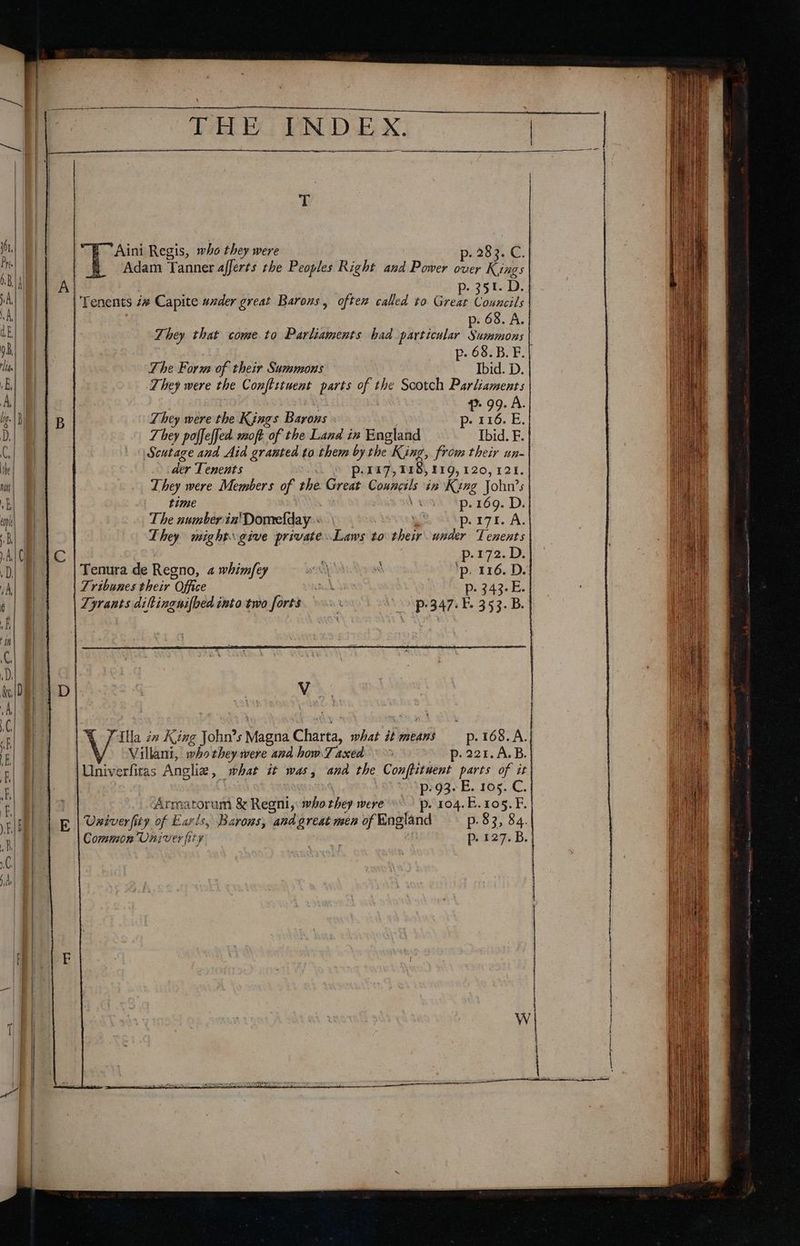 = “= = = —2 SSS TARR EX YIN DEX. | T | Aini Regis, who they were p. 283. C. | Adam Tanner afjerts the Peoples Right and Power over Kings B p- 351. D. | 'Tenents z# Capite wzder great Barons , oftex called to Great Councils | p. 68. A. | They that come to Parliaments had particular Summons p. 68.B. F. The Form of their Summons Ibid. D. | They were the Conftttuent parts of the Scotch Parliaments | p99. A. They were the Kings Baris p- 116. E. They poffeffed moft of the Land in England Ibid. F. Scutage and Aid granted to them bythe King, from their un- der Tenents p- 117,118, £19,120, 121. They were Members of the Great Conncsls in Keng John’s time V4 p. 169. D. The number in'Domefday gS ai\p. 170. A. They might give private..Laws to sherr under ‘T enents _p-172. D. Tenura de Regno, 4 whimfey > 'p. 116. D. | Tribunes their Office ak P- 343. E. | Tyrants dittingnifbed into two forts a op 347. B. 353. B. Moe. Villani, who they were and homT axed p.221.A. B. _ p93. E. 105. C. Armatorum &amp; Regni, who they were p- 104. E. 105.F. Common Univer fity yr Bisa p t27.B