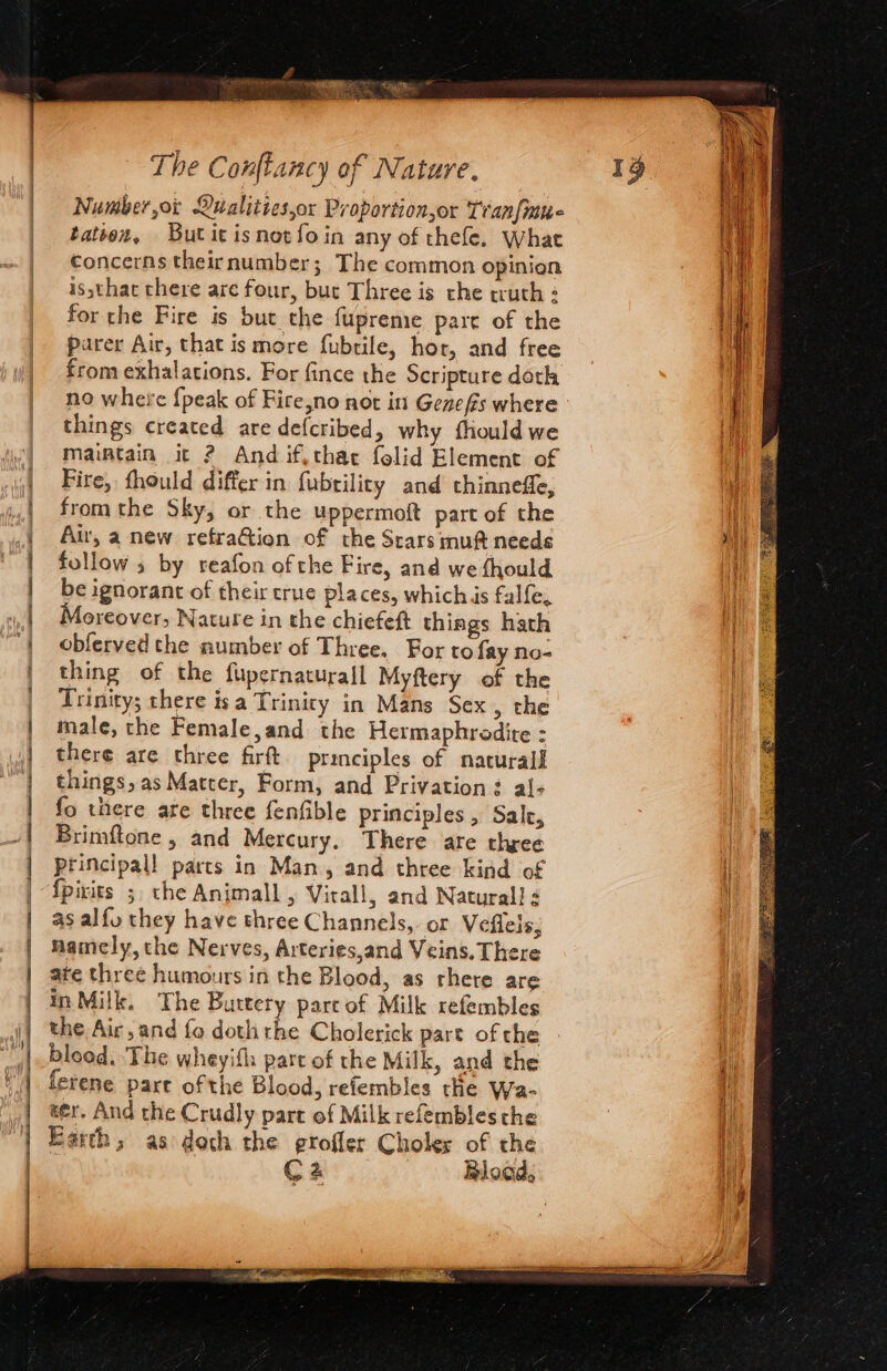 RRR SRS. Algae os RL eas ee The Conftancy of Nature. Number,or Qualities,or Proportion,or Tranfmue tateon, Butitisnot{foin any of thefe, What concerns their number; The common opinion issthat chere are four, but Three is che truth « for the Fire is but the fupreme pare of the parer Air, that ismore fubtile, hor, and free from exhalations. For fince the Scripture doth things created are defcribed, why fhould we maintain it ? And if,thae folid Element of Fire, fhould differ in fubtility and thinnefle, from the Sky, or the uppermoft part of the Air, a new refraGion of the Srars mu needs follow; by reafon of the Fire, and we fhould be ignorant of their crue places, which ds falfe, Moreover, Nature in the chiefeft things hath obferved the number of Three. For to fay no- thing of the fupernaturall Myftery of the Trinity; there isa Trinity in Mans Sex , the male, the Female,and the Hermaphrodite : there are three firft. principles of nacurall things, as Matter, Form, and Privation : al- fo there are three fenfible principles, Salk, Brimftone , and Mercury. There are three principal! parts in Man, and three kind of {pirits ;. the Animall , Virall, and Natural! s as alfo they have three Channels, or Veflels, mamely, the Nerves, Arteries,and Veins. There ate three humours in the Blood, as rhere are in Milk. The Buttery parcof Milk refembles the Air, and fo doth the Cholerick part of the blood. The wheyifl: part of the Milk, and the ferene pare ofthe Blood, refembles the Wa- wer. And the Crudly part of Milk refembles the Earth, as deth the grofler Choles of the C2