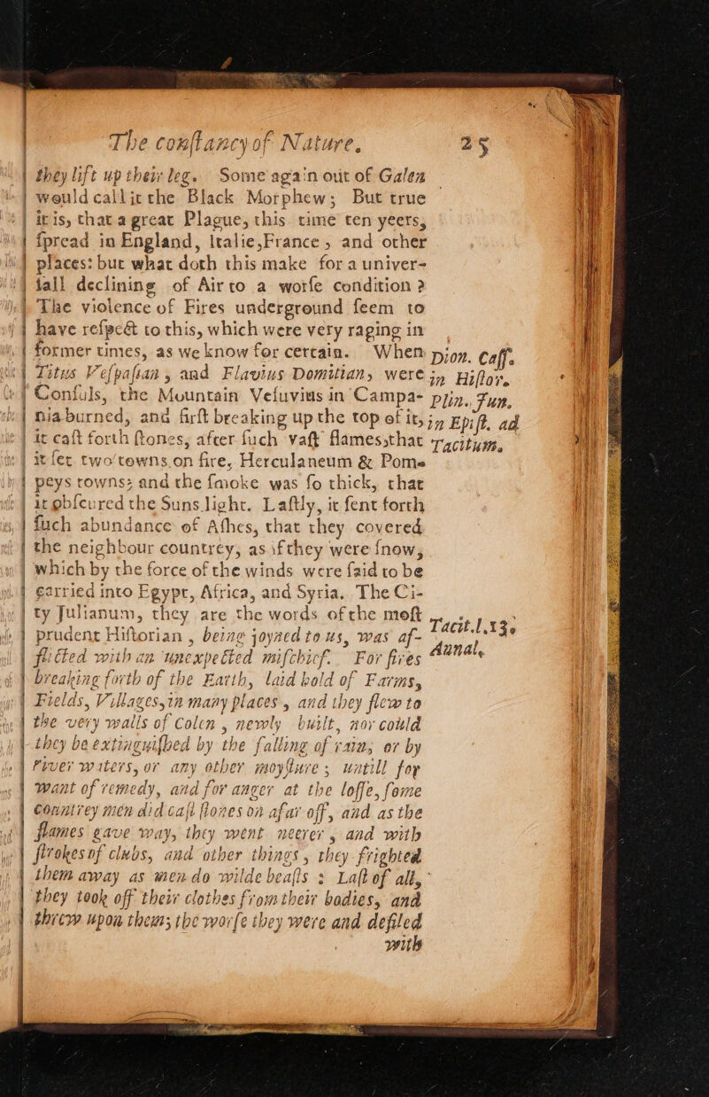 sa a a RR RR 2s me a cass a mei ea Rs they lift up thei leg. Some again out of Galen weuldcallicthe Black Morphew; But true iris, that a great Plague, this time ten yeers, {fpread in England, ltalie,France , and other places: buc what doth this make for a univer- fall declining of Airto a worfe condition 2 ‘The violence of Fires underground feem to have refpce&amp; to this, which were very raging in former times, as we know for certain. Whem njoy. Caff. Titus Vefpafian, and Flavius Domitian, were jy Hifoy, ' Confuls, the Mountain Vefuvius in ‘Campa- Plin. Fun. niaburned, ana firft breaking up the top of it, ;, Epift. ad it caft forth flones, afcer fuch vaft’ flamessthat -rycitiap, it fet. two’tewns.on fire, Herculaneum &amp; Pome peys rowns: and the {moke was fo thick, char fuch abundance of Afhes, that they covered the neighbour countrey, as.ifthey were {now, | which by the force of the winds were {aid to be i garried into Egypt, Africa, and Syria. The Ci- ty Julianum, they are the words of rhe moft prudent Hiftorian , being joyaed to us, was af- fitted with an unexpelted mifchicf. For fires breaking forth of the Earth, laid bold of Farms, | Fields, Villagesyin many places , and they flew to | tie very walls of Colcn , newly built, nor could Hh xtingui{oed by the falling of vain, or by | Fever waters, or any other moylure, untill foy want of remedy, and for anger at the loffe, fame Conmirey nen did caf flones on afar off, and asthe flames gave way, they went neerer, and with firokes of clubs, and other things , they-frighted them away as men do wilde beafs : Laft of all,’ Le Tacit 1.13. Aunal, threw upon thems the worfe they were and pipes Hi wit |