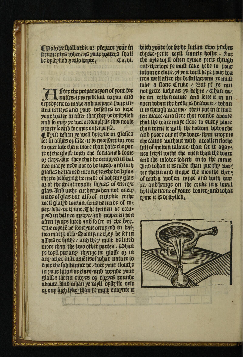 • 'T 0$ pfcpatc roue fn ftruimiurs U9t)ce£ ss roue uoutees (U3U be oKcriUD $ uUo ftspte*. ' Ca.bi. Hf tee tfte pccpacacron of roue foe naU’cs/itisnebcfull torou anD tepeorent to matte anb picpace roue in* fttumentrs anO roue belfeUrs to aepe roue matec in after tbat^tber w opltriteo anD fo mar re Utel arcompliile ebts noble pcactrfe anD fo tmec enterperfe* t f rift toban re mcii Drftrile in gialfeai ret in aSfljcs ot faDe^it is necetlacr toi rou to ouerUite tbcin more tlian balfe tiye pae tcortbeglaffeinttb tbe foenamebiome 01 ciare,^but tber that be occupreD in bal neo marre neDe not to be luteo/anD (ueb glaPfes be nameD ciiaicbrtc^tfje bcitglaa tbvtto belogrng be inaDe of bobentr gtaa ojtof t^ great rouiiDe I'brucp ofnienra glas.inbrucbe cucbrtiisbennot oneip maDeofgiasbut alfoof ctulpbie eetbc baeUglafrDmttbtn/fomebemaDe of to*. pee/leDe/pit trnne.^be trnnen be o;cu* preD in balnco ina^re/anD coppecen ben often trnies lutcD anD I'o fet in tUe.^ec* Ciiecopete be i'omtrme occupreD in bah neo macre ollb/^omcrme tt>er be fee in afTaes o.i Canbe / anD tber muit be UtccD more tban tbe tbo otljcr partes. u^ban re borii put anr tbrngc in giaffe o; in anr otber inGteitn^tisof mbat nature fo cuer tbe fubltaunce be /boet roue cloutbe tn pour lutun or clape/anD mpnDc roue glal&s tbcrtn toopes o; tb;res eouuDe aboute.ifinDbobanrebaiil Dpitpllc orle b;. onp bKb Ipb^tban re mult enopnte \t toitb route foerapte lutbin t&o rnebes tbrdte/pet it tttrii ftantip boite. jfoe tbe ople mpU often tpmes rerft tbtugb aut/tbeefore pc muft tabe bebe to pour iutum or clapc/pf pou bopll bepe pour boa ters mell after tbe DpfttUacpons pc mull take a done Crubc /, :eut pf pe can notgette (titbeas pe te%e /fi:ban ta< be an ertben canne anD Cette it tn an ouen boban tbe bteDe is Draisen / boban it ts tbtugb boarme< than put in it mol: ten maitcc/anD acre that tonnDe aboutc that tbe bcare mape tleue to euerp plate than tome it boitb tbe bottom bpboatDe anD ptioee outoftbeboatc/'tban enopnte tbe canne boitbout boitb aboollenclotbe full of molten taloibc/tban Cet it agap*. nea Iptpll mitbt tbe ouen than tbe boare anD tbe taloboc fobetb into tbe canne 3inDui)bantttscolDc than puttbp bpa< tertbeeinanb floppe tbe moutbe tbee*, of boitb a beoten tappe anD boitb boa:; cc/anDbauge on tbe ttuke in a (mail bpU tbe name of route boatet'ianO mbac tpmetti^Dpftpllebft