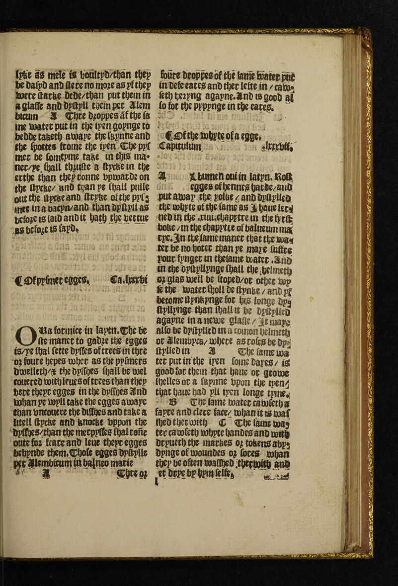 l^e 80 meTe 10 t(irp be bafpD ant> Oece no tno^e ao pf toep Iwte ftacde DeDe/tban put t^in in aglaOit anbbpftpU tocinpcc Mm bicuin 31 Cbtebpppesaftbefo im tttatcc put in tpc ipen gopnge to be&Detaaetb atnape tbefapnneanD tbe Tpottes ftome tbe ipen Cbe pp( mee be (bmtpme take in tbi0 ma* nee/pefball (Me a ftpcbein tpe ertbe tban tbep tonne bpixiatOe on t^ ttpcise/ ano tt>anpe (bait putle outtbe ftpcbeanD (Itpbe oitbeppCs (net in a oacpn/anb than bpttpu aa bcfoite is (aiD anb it batb tbe pettue ;bs before is i^pb^ C^^PTfmet eggcst Ca4pjQ;bt Oitia fotinice in la^’tn.^be be ileinanctto gab;e tbe egges is/pe (bat fette bpites of trees in tbte OK fbute bepes tuber as tbe pprmets tpuelletb''^ tbe bptibes (bait be tuel coueceb tuttbiruesof trees tban tbep beretbepregges intbebpifoesSinb boban pc tupll tabe tbe cgges aboape tban bncouere tbe btSbes anb take a iitelt dpctte anb bnocbe bppon tbe bpli^s^t^n tbe merppfCts (bat rone ontefbe feareanb leue tbepregges bcbpnbe tbein«Cbofe egges bpftpUe wt Xtembicutn in balneo marie i ' ■ mm ihbefe eates anb tl^r lefte in / tabo^ fetbbetpng agapne*3inbisgoob a( (0 for tbe ppppnge in tbe eares» ^ ' i \ V'• * ■ * -.ii^ CiDf tbe tobpte of a egge* Capitutum, jirwbff* 31 jibumtnoniinlatpn.i$Q(ii egges of benncs barbe/snb! put atuap tbe potae / anb bpapUen tbe mbpte of tbr lame as 1 ^ue lecji neb in tbe 4:iui.cbapptre in tbe M bobe /in tbe cbapptte of balneum mai rpe.3n tbeiaihenmner that tbe tva« tecbenoboter tbanpe mape (n^g pour fpnger in tbebime boater .atim in tbe bpitpUpnge (bait tbe .belmetb cf gtas boell be (topeb/or other bop te tbe boater (bolt be lipnbe/anb pf become flpnbpnge for bts tonge bpa (tplipnge tban (ball it be bptipUeiii agapne in aneboe glane / itmapa aUb be bpftpUtb in a coinoh bcimetbi or ilembptb/bobere asroitsbebp^ ttplicbin a Cbe lame boa ter put in tbe ipen fomebapes/ pat goob for tbein that baue or groboe (belles or a (apnne upon tbe ipen j that baue bab pit ipen fonge ti’me.i Z3 Cbe.fame boater cabofetb a fapre anb clere fate/ baban it is boaf ibeb tlKt oottb C ~ Cbe fame boaj ter camfetb bobpte banbes anb boitb brpuetbtbe inarses ot tobensabps bpnge of boounbes 0} fores bobem tbep be oiiten madbeb :tberiiHtb an^ ft brpe bp bPM ftlfes ■