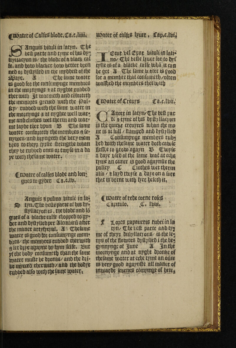 |[^3tetb(€&Ife^ bIotis,Cai»c,Iuti« i^atec of l^uec * Cap«c.lin^ anautg feitttlt tn !atyn> JO bcft patte anD tpmc of feis Dps Itpiiacpon 19/ t^e bioOe of a blaca cal fe. anO t)oPo blacbco f?obo better b;en neb o; DpftplieD tn tbe mpDbeft of tbe ^are. ^ <Cbe lame boater IS goob fot t^ confampnge membtes tn tbe moinpnge a at npgbte tttbbeb tber oottb it boacmetb anb cofojttetb ineinb^es grcueb boitb ttje #8l« (ep/ rubbeb ooitb tpe (ante boater tn tbe mo.inpnge a at npgbtc boetl boar? me anb clotbea tnet tberm anb boar«, me lapbe tber bpon 25 ^tte fame boater confojtetb t^ememb;es^(e» npboes/anb bzpngetb tbe berp mem b;es to tbep; fptfte ftcengtbe boban tbep be ruboeb ones 0^ tbopte tn a ba pc noitb tljeCame boater. i Cr^atec of calfegf Wobc anb loni gue9togpbec ca.t.lb. —f-'CttitbcIflUpar bitnlt fn lati^ J_.no/ cite befte Iptter for to bpf tpllc (9 of a biatbe calfe boba it tan be get 311 die fame beater ta goob for a membre that confumettt/often boaflbeb tbe meinbre9 tber boitb l^n^ater of Creups ca.c.Ibu.^ GSPneer in latpn/Cbe bell par tc it tpmc of bt9 bpftpUatpon tatbequtcae treupcc9 boban tbe mo. tie (9 at full / (lampcb anb bpOplieOr 3( Confumpnge membre9 tubj beb bottb tbefamc boater both caboie flef[i;e to gtobo agapn Cbopfc a tape bfeb of tbe fame boafateebr tpmc an ounce 19 goob agapnfte tbr paliep C Cictbe9 boet tbeciti aii'o / rilapb tbopfc a bapeon a fore that (!$ brent boitb (per belctl; it.. 3Bngat9 $ pulmo bttu! t in la* 53> tpn.tEbebcfieparceofbtgbp* • ftpllacponts.tbeblobeanblo gue9 of a blacbe cal^ cboppeb to gp* ber anb bpQplieb per 3lilcmbtcu after tbe maner artpfprp>a(. 3|['^betimc i boater 19 goob fbt confumpnge mem* bje9/ tlje membrc9 rubbeb tbetboitb «let bipc agapne bpitpm feife. 26ut ; ^ tbc bobp confumetb tban tbe tame boater mufte be bzonue/ anb tbc bn* be mpreeb tbecbdttb / anb tbe bobi'C I rubbeb alfoboitbtb^M^stept CP^ater of cebe rorne rofeis ^ dLapttuto. ,C« Ibiii^ f io?c9papattcr(seabcit'nla , „ > tpn/ cbe bcft parte anb tpjf me of tbepjt btupliacpono/19 tbe le j ttp9 of t^ flobote9 bpOpileb t tbe bes grnnpnge of June 31 Jn ^e motnpnge anb at npgbt bjonbe of tbefame boater at cebe tpmc an once (9 berp goob agapttfle all manor of inboarbe (eaeatp cgmpmge of bete^ 1