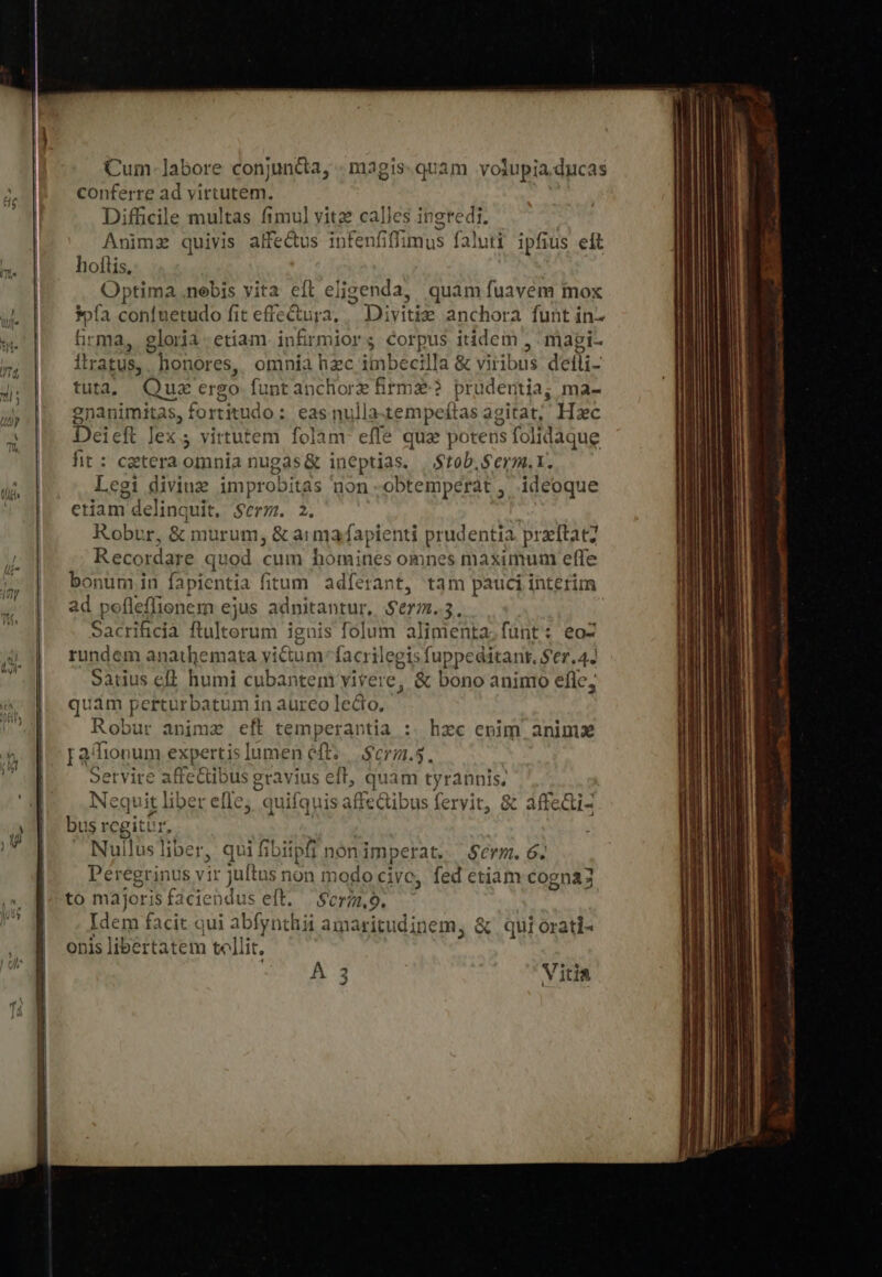 Cum-labore conjuncta, conferre ad virtutem. Difficile multas fimul vitz cal Animz quivis affectus infenfi hoflis, | Optima.nebis vita eft eligenda, quam ífuavem mox Pofa conínetudo fit effectura, / Divitie anchora funt in- firma, gloria | etiam. infirmior ; Corpus itidem , magi- Ítratus, honores, omnia hzc inbecilla &amp; viribus detli- tuta. UE ergo funt anchorz firm? prudentia; ma- ?nanimitas, fortitudo : eas nulla-tempeítas agitat, Hc Deieft lex. virtutem folam. efle qux potens folidaque fit : cetera omnia nugas&amp; ineptias. | $tob. Serm. 1. Legi divine improbitas non -obtemperat , ideoque etiam delinquit, $erm. 2. Kobur, &amp; murum; &amp; aima fapienti prudentia przítatZ Recordare quod cum homines omnes maximum effe bonum in fapientia fitum adfíerant, tam pauci interim ad pofleffionem ejus adnitantur, Serm.3. Sacrificia ftultorum ignis folum alimenta; fünt: eo- rundem anathemata vi&amp;um-facrilegi eisfuppeditant. $er.4. Satius ef. humi cubantem vivere, &amp; bono animo efle, quàm perturbatum in aureo lecto, Robur anime eft temperantia :. hzc enim animx Jaifionum expertis lumen eft... .$e721.5. Setvire affe&amp;ibus gravius elt, quam tji rannis, Nequit liber efle; quifquis affeQibus fervit, δὲ affe&amp;i- Uds regi tur, Nuilusliber, qui fibitpfi non i mperat. Serm. 6. τ sane V ir juítus non modo civc, fed etiam cogna7 to majoris faciendus eft. ΟΝ, ὃ, Idem facit qui abfynthii amaritudinem, &amp; qui orati- onis libertatem tollit. m3gis.quàm volupia.ducas les ingredi. es ing ἜΜ flimus faluti ipfius eit