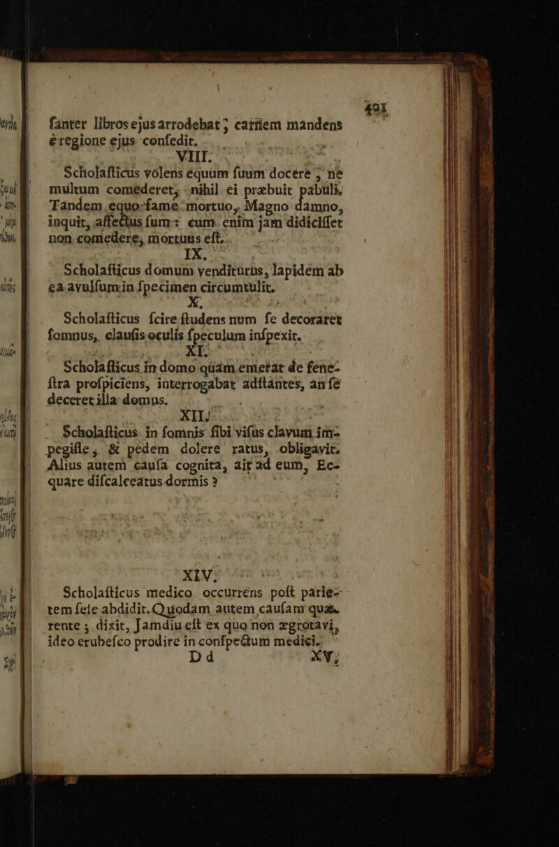 Yir n dnt fanter libros ejusarrodebat ; cattiem mandens € regione ejus confedir. VII. ἢ Scholafticus volens equüm fuum docere 7 ne mulum comederet; . nihil ei prebuit pabuli, Tandem equo-fame mortuo, Magno damno, inquit, affectus fum-: cum. enim jam didiciffet non comedere, mortuus eft, IX. Scholafticus domum venditurus, lapidem ab ea avulfumin fpecimen circumtulit, Scholafticus fcire ftudens num fe decoraret fomnus,. claufis oculis fpeculum infpexit. Scholafflicus in domo quam emerat de fene- ftra profpiciens, interrogabat adftantes, an fé deceretilla domus. | ΧΗ. Scholaíflicus. in fomnis fibi vifus clavum im- pegile; δὲ pedem dolere ratus, obligavit; Alius autem cauía cognita, ait 3d eum, Ec- quare difcalceatus dormis 3 XIV. ΔΝ Scholafticus medico occurréns poll parie- tem fele abdidit. C) uodam autem caufam qua&amp; rente ; dixit, Jamdiu eft ex quo non zgrotavi, ideo erubefco prodire in confpe&amp;um — V.