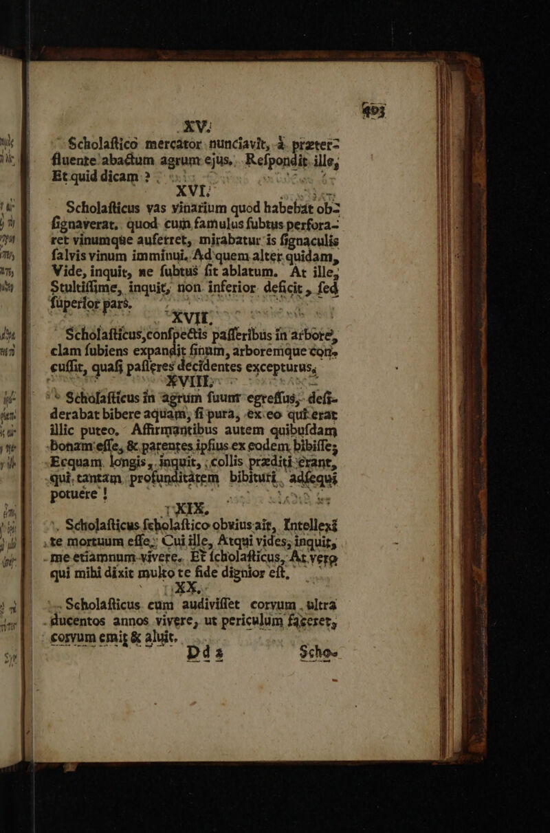 XVS 'Scholaflico mercator. nunciavit, à. preterz fluente abactum agrum ejus, .. Refpondit ille; Etquiddicam ? ὁ... ᾿ dens ἃς XVI. ξ Scholafticus vas vinarium quod habebat ob fignaverat,. quod. cuin famulus fubtus perfora- ret vinumqüe aufetret, mirabatur is fignaculis falvis vinum imminui, Ad quem alter quidam, Vide, inquit, ne fubtus fit ablatum. At ille, Stuliffime, inquit; non. inferior. deficit, fed füperlorpars. ΄, ^^ — Tr NET sigo ina XVII, Scholafticus,confpe&amp;is pafferibus ín arbore, clam fubiens expandit finutn, arboremque cori. cuffit, quafi epe decidentes excepturus, ' * Scholafticus in agrum fuunt egreffus,- defi- derabat bibere aquam, fi pura, exeo qui: erat ilic puteo. - Affirmantibus autem quibufdam bonam effe, &amp; parentes ipfius ex eodem bibifTe; Ecquam. longis, inquit, ; collis przditi erant, qui.tantam. profunditàrem bibituri. adíequi potuere ! ; REST REED EA .DXIX, E ᾿ς Schiolafticus fcbolaftico obviusait, Entellexi ,te mortuum effe: Cui ille, Atqui vides; inquit, -me etiamnum-vivere, Et fcholafticus, At vero qui mibi dixit multote fidedignioreft, —. - Scholaflicus. eum audiviffet corvum . ultra .Bucentos annos vivere, ut periculum faceret, corvum emit &amp; aluit. |