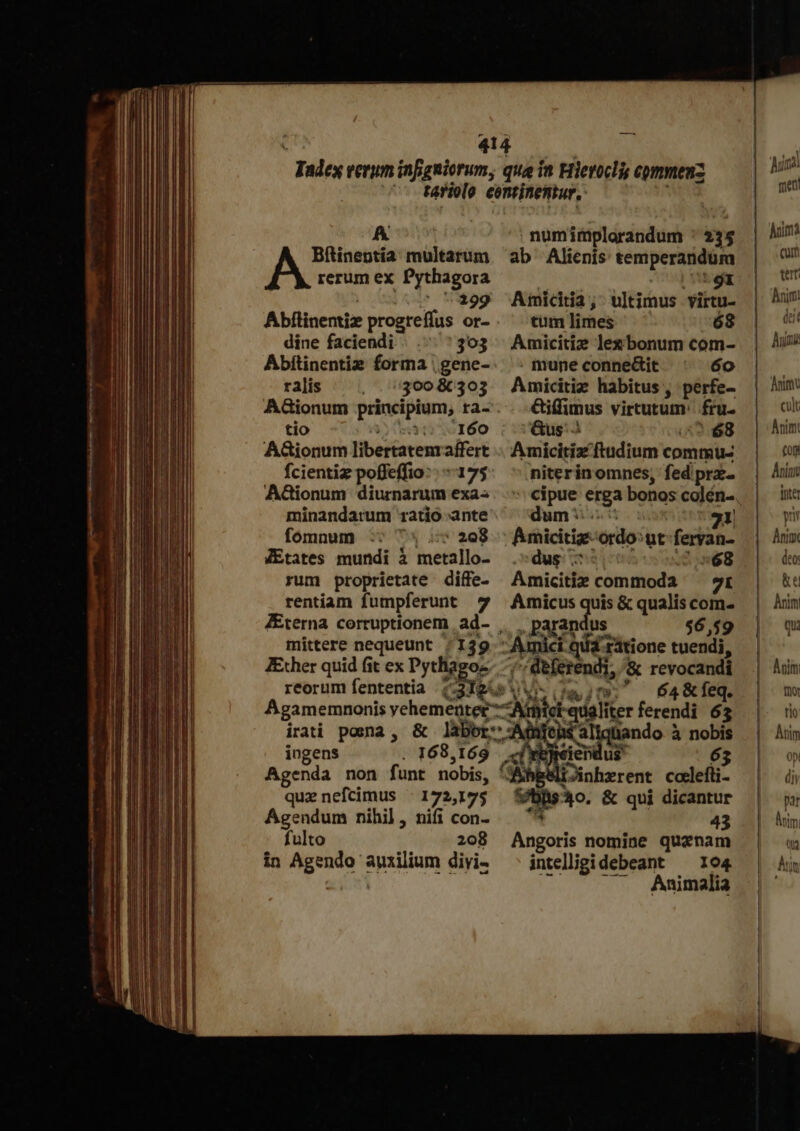 A Bítineotia multarum rerum ex Pythagora TM Abflinentiz progreffus or- dine faciendi . 303 Abftinentiz forma | gene- ralis ες 73008 303 AGionum principium; ra- tio 31:160 A&amp;ionum libertatenraffert fcientiz poffeffio: “1795 A&amp;Gionum diurnarum exa- minandatum ratio ante fomnum | 59 208 JEtates mundi à metallo- rum proprietate diffe- rentiam fumpferunt 7 mittere nequeunt ΟἹ 39: ZExher quid fit ex Pythia Ou. reorum fententia τὼ irati poena, &amp; làbot numimplorandum 235 ab Alienis temperaridüm E Amicitia ; ultimus. virtu- tum limes 68 Amicitiz lex bonum com- . mune conne&amp;it 6o Amicitiz habitus , perfe- Giffimus virtutum: fru. Gus ὦ 2:68 Amicitiz ftudium commu- niterinomnes, fed prz- dum i: 71 Bmicitiz: ordo: ut feryan- dus: c »68 Amicitiz commoda 7t Amicus Pur &amp; qualis com- Bar ar an 46,49 Amid cqui s ratione tuendi, οὐ deferendi, &amp; revocandi ftw 64&amp; feq. ndo à nobis ingens . 168 169 Agenda non funt nobis, ^ quz nefcimus : 172,175 Agendum nihil, nifi con- fulto 208 in Agendo auxilium divi- 25 us 65 MiJinherent ccelefli- p 40. &amp; qui dicantur 43 Angoris nomine quaenam intelligidebeant ^— 104 —— Animalia (FE Aire men qun tet δὴ jm E det Animo cult nim (0 Ania fate pri Ani deo: