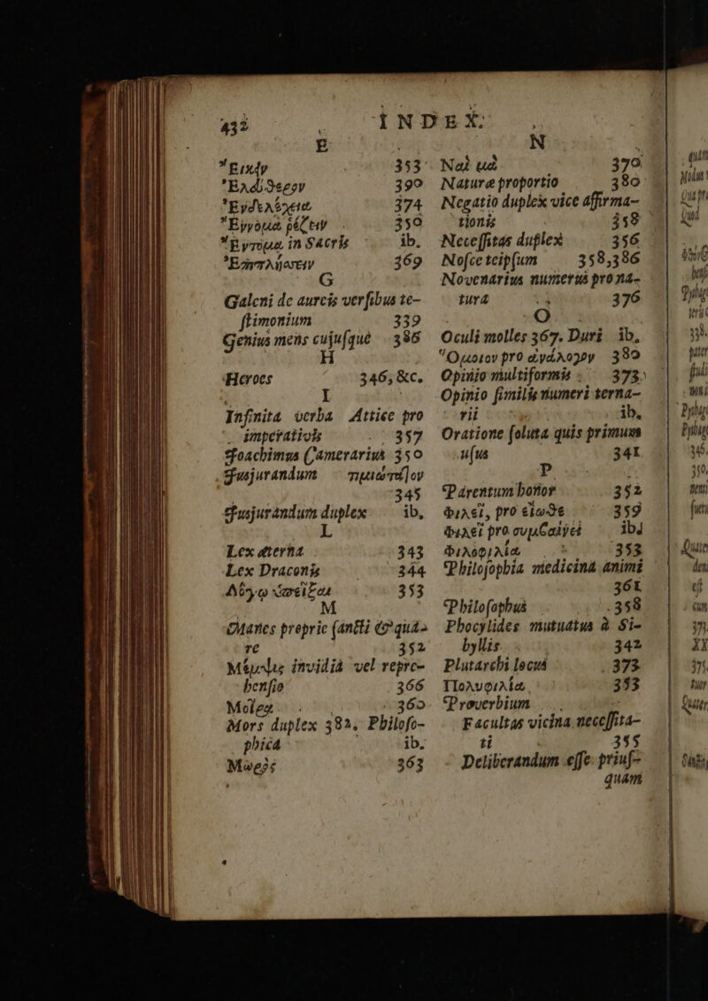 ug rows. S - mM ERR RH QI PP gi et MPH RUM. t apt, τομὴν ET REM. , E eat Rixdy 353. ᾿Ελαΐϑεξον 399 ᾿Ἐνδελέχειώ 374 Εγγόμὰ ῥέζειν. 350 Eyre in Sacre ib. ? Egger Aij eret τ 369 Galcni de aurcis verfibus ie- fHimonium 339 Genius mens cuju(qué 386 H Heroes 346, &amp;c. Inf mit&amp; vcrba ttiéc pro ' ogmperatiol 357 :foachimus Camerarisà 350 Sfusjurandunm muc] oy xx» 345 Sfusjurandum duplex. — ib, L Lex eterna 343 Lex Draconis mts. A650 ὑσεῖξω 353 M vedi prepric (ἀπ ἢ eo qua- 352 Mala invidià vel reprc- bcn fio 366 Molez (360 Mors Vidbltwia 38 2, Pbilofo- phic4 ib. Mog: | 363 N : Ναὶ ud 379 Nature proportio. 380 Negatio duplex vice afirma- tionis | 4415 Nece ffitas duflex 356 N ofce teip(um 358,336 Novenarius nunmetus prona- tura ta 376 O Oculi molles 367. Duri ib, Ὅμοιον pro ἀνάλογον 389 Opinio multiformi . 373. Opinio fimilis nuneri terna- ti 05y . Ab, Oratione foluta quis primum u[us 341 P3 (P árentum bonor 352 Φιλεὶ, pro εἴωϑε ^^ 359 Φελεὶ pro ev Galet ibJ Φιλῤφιλία UK 353 Philojopbia siedicina animi 361 cP bilofopbus .358 Pbocylides mutuatus à δὶς byllis. 342 Plutardi, lecuá » 873. TIoAvoiAÍa | 353 CProverbium F MM vicina sedi M Delilcrandum εἴς ὦ i: quám