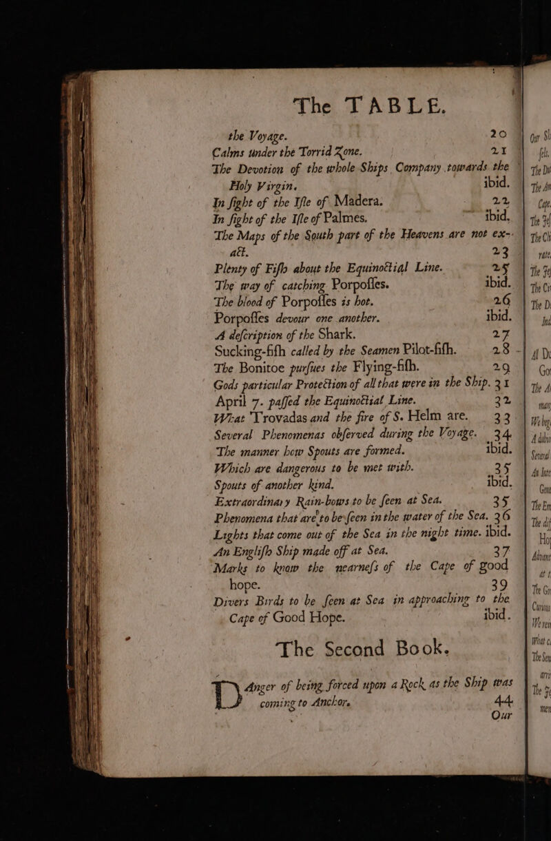 the Voyage. 20 Calms under the Torrid Zone. 21 The Devotion of the whole Ships, Company towards the Holy Virgin. ibid. In fight of the Ifle of Madera. 22 In fight of the Ifle of Palmes. ibid. act. 23 Plenty of Fifh about the Equinoëtial Line. 25 The way of catching Porpofles. ibid. The blood of Porpoiles is hot. 26 A defcription of the Shark. 27 Sucking-fifh called by the Seamen Pilot-fifh. 28 The Bonitoe purfues the Flying-fifh. 29, Gods particular Protection of all that were in the Ship. 21 April 7. paffed the Equinottial Line. Wrat Vrovadas and the fire of S. Helm are. Several Phenomenas obferved during the Voyage. The manner bow Spouts are formed. i Which are dangerous to be met with. Spouts of another kind. Extraordinary Rain-bows to be feen at Sea. Phenomena that are'to befeen inthe water of the Sea. 36 Lights that come out of the Sea in the might time. ibid. An Englifh Ship made off at Sea. 27 Marks to know the nearnefs of the Cape of good hope. 39 Divers Birds to be feen at Sea in approaching to the Cape of Good Hope. ibid. The Second Book. Several An Inte Gene The aif Ho Mf t The Go Curio We vei Wit c The Sen arti The Fe tuer