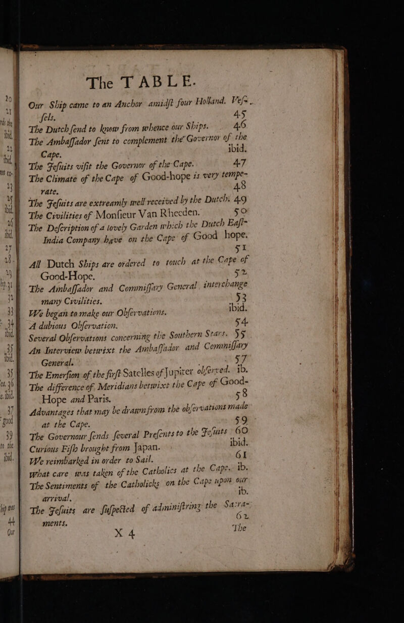 fels. 4.5 The Dutch fend to know from whence our Ships. 4.6 The Ambaffador fent to complement the! Governor of the Cape. ibid. The Fefuits vifit the Governor of the-Cape. 47 The Climate of the Cape of Good-hope ss very tempe- rate. 48 The Feluits are extreanily well received by the Dutch: 49 The Civilities of Monfieur Van Rhecden. 50 The Defcription of a lovely Garden which the Dutch Eaji- India Company have on the Cape of Good hope. SI All Dutch Ships are ordered to touch at the Cape of Good-Hope. 5% The Ambaffador and Commiffary General interchange many Civilities. 15 We began to make our Obfervatiens. ibid. A dubious Obfervation. 5 4 Several Obfervations concerning the Southern Stars. SF General. | ME à The Emerfion of the firft Satelles of Ju pitet obferved. ib. The difference of, Meridians betwixt the Cape of Good- Hope and Paris. 58 Advantages that may be drawn from the ob'ervations made ‘its 60 ibid. GI ape. ib. The Governour fends feveral Prefents to the Fe, Curious Fifh brought from Japan. We reimbarked in order to Sail. what care was taken of the Catholics at the Ce The Sentiments of the Catholicks on the Cape upon eur arrival, 1D. The Fefuits are fufpetted of adininiftrine the Sa:ra- ments. 62