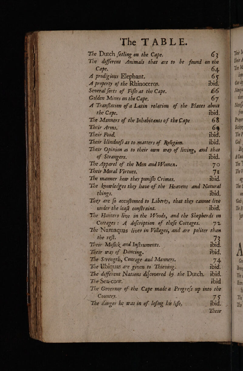 The Dutch Jetling on the Cape. G3 The different Animals that are to be found on the Cape. A prodigious Elephant. A property of the Rhinoceras. Several forts of Fifh at the Cape. Golden Mines on the Cape. A Tranflation of a Latin relation of a Places about ac. Cape. ibid. ve Manners of the Inhabitants of the c. ape 68 ai Arms. 6 3 Their Food. ibid. Their blindnefs as to matters of Religion. ibid. Their Opinion as to their own way of living, and that of Strangers. ibid. The Apparel of the Men and Women. 70 Their Moral Virtues. 7x The manner how they punifh Crimes. ibid. The knowledges they have of the Heavens and Natural things. ibid. They are fo accuftomed to Liberty, that they cannot live - under the leaft conftraint. ibid. The Hunters live in the Woods, and the Shepherds in Cottages: A defcription of thefe Cottages. F2 The Namaquas lives in Villages, and are  politer than the reft. 72 Their Mufick and Inftruments. ibid. Their way of Dancing. ibid. The Strength, Courage. aud Manners. 74, The Ubiquas are given to Thieving, ibid. The different Nations difcovered by. the Dutch. ibid. The Sea-cow. . ibid The Governor of the Cape made a Progrefs up into the Country. 75 The danger be was in of. lofing his ba, ibid. Their qhur À Their A The M br Ou d} Nanga thir Nate for Prayer Ssckne The P Gd