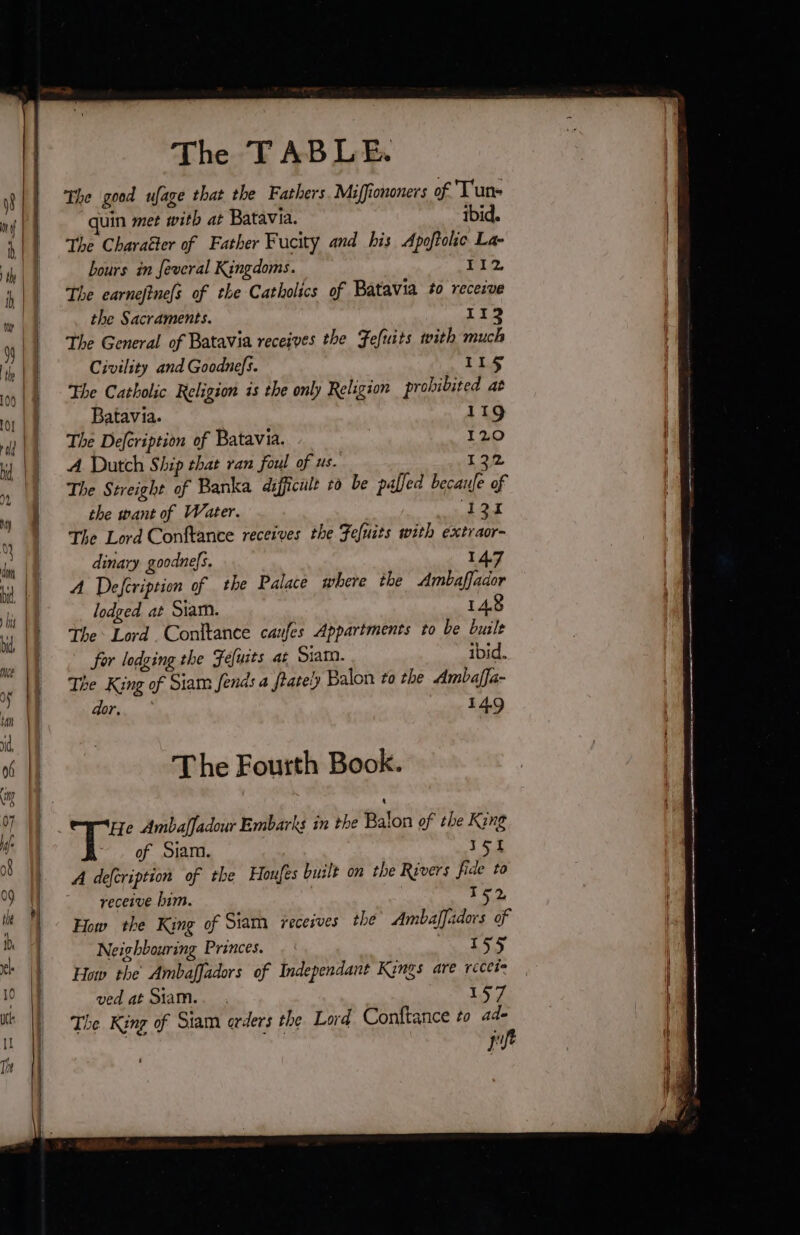 The good ufage that the Fathers Miffiononers of T'un- quin met with at Batavia. ibid. The Charaëter of Father Fucity and his Apoftolic La- bours in feveral Kingdoms. 112 The earnefinels of the Catholics of Batavia to receive the Sacraments. 112 The General of Batavia receives the Tefuits with much Civility and Goodnefs. 115 The Catholic Religion is the only Religion prohibited at Batavia. 119 The Defcription of Batavia. 120 A Dutch Ship that ran foul of us. 122 The Streight of Banka difficult 20 be palled becaufe of the want of Water. RES The Lord Conftance receives the Fefuits with extraor- dinary goodnefs. 147 A Defeription of the Palace where the Ambaffador lodged at Siam. 14.8 The Lord. Conltance caufes Appartments to be built for lodging the Fefuits at Siam. ibid. The King of Siam fends a frately Balon #0 the Ambaffa- dor, ie BAO The Fourth Book. tte Ambalfadour Embarks in the Baton of the King of Siam. 151 A deféription of the Houfes built on the Rivers fide to receive him. 152 How the King of Siam receives the Ambaffadors of Neighbouring Princes. 155 How the Ambalfadors of Independant Kings are receis ved at Siam... 157 The King of Siam orders the Lord Conftance to ad- jf