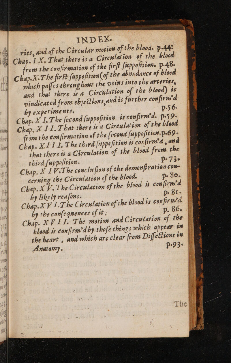 | | | LA. M = E SH St EB QR — = turo MENACE S INDEX. vies, and of the Circular morion of the blood. p.44 Circulation of the blood from the confirmation of the firft fuppoftien. p-48- Chap. X.The first fuppofitron( of the abundance of blood which pales throughout the veins into the artertes, and that there isa Circulation of the blood) is vindicated from objections and is further confirms’ d by experiments. p-56- Chap. X I. Tbe fecond (uppofition $1 confirm'd. 9.5 9- Circulation of the blood Chap, X I I. That there 154 om the confirmation of the (ccond [uppofitior.p.69- Chap. X11 1. The third (apposition is confirma , and that there is a Circulation of the blood from the third fuppofition. p.73» Chap. X 1V.The conclufion of tbe demon ration con- cerning the Circulation of the blood. p. So. Chap. X V. T he Circulation of the blood 8 confirm’ d by likely reafons. p. 81- by the con(cquences of it ; Chap. X V 1 4. The motion and Circulation of the bleod is confirm'd by thofe things which appear $n the beart , and which are clear from Diffetisons in Anatomy. EE