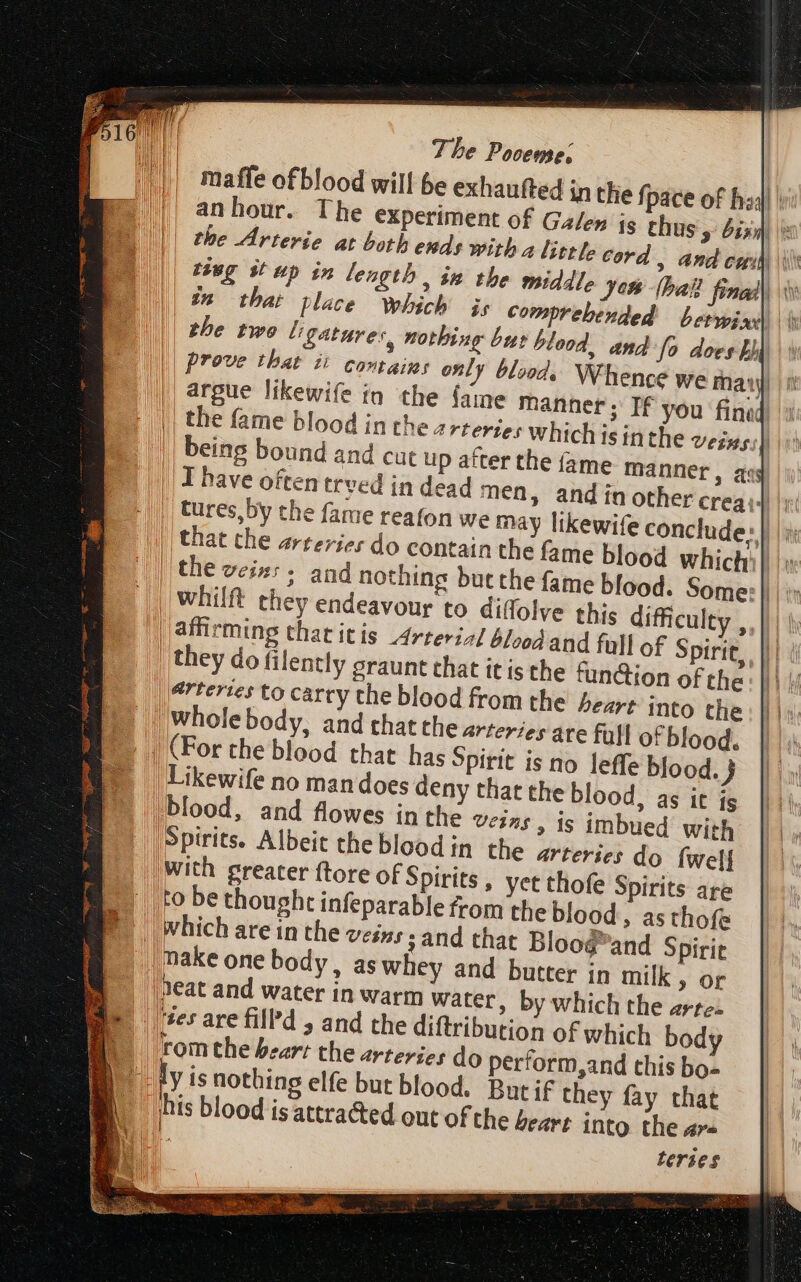 || the fame blood in thez rtertes which isin the vezss:] | being bound and cat up after the (ame manner, as I have often trved in dead men, and in other crea] |; tures,by the fame reafon we may likewife conclude; | | i | that che arteries do contain the fame blood which: |: the veis: . and nothing but the fame blood. Some: | | whilft they endeavour to diffolye this difficulty ,. || || affirming that itis Arterial blood and full of Spirit, || | | they do filently graunt that it is the fun@ion of the. || \ arteries to carry the blood from the heart Into the | ! Whole body, and that the arteries are full of blood, _ | (For the blood that has Spirit is no leffe blood. } | Likewife no man does deny that the blood, as it is blood, and flowes in the veins, is imbued with ‘Spirits. Albeit theblood in the arteries do {well with greater {tore of Spirits , yet thofe Spirits are to be thought infeparable from the blood, as thofe | Which are in the veins ; and that Bloogand Spirit make one body , as whey and butter in milk » OF eat and water in warm water, by which the artes ites are fill'd , and the diftribution of which body | romthe bear the arteries do perform,and this bo- B ly is nothing elfe but blood. Bur if they fay chat i his blood isattra&amp;ed out ofthe beart into the are i. teries