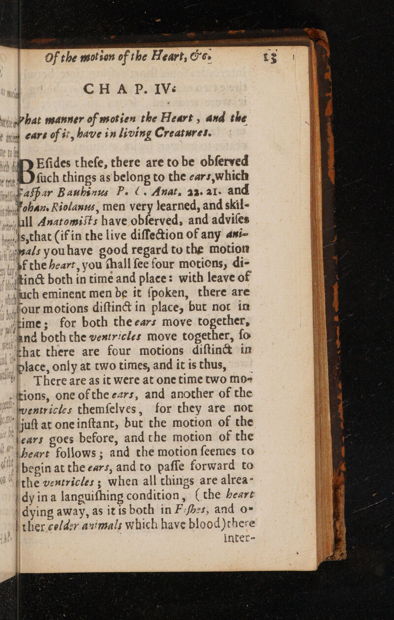 , CH A P. IV: wobat manner of ssotien the Heart, and the | igh eara of it, have in living Creatures. tá 4 IM) Efides thefe, there are to be obferved . «; V füch things as belong to the ears, which ip aspar Baubinus P. €. Anat, a2. a1. and Rohan Riolanus, men very learned, and skil- ll Anatomists have obferved, and adviles |.|s,that (if in the live diffe&amp;ion of any «wi- gpeads you have good regard to the motion |, bf the heart, you shall fee four motions, di- 'tin&amp; both in time and place: with leave of ;aftuch eminent men be it {poken, there are four motions diftin&amp; in place, but not in yxime; for both theears move together, nd both the vextricles move together, fo '.khat there are four motions diftin in ^ place, only at two times, and it is thus, Ubl There are as it were at one time two mo^ witions, one ofthe ears, and another of the  wensricles themfelves, for they are not |cars goes before, and the motion of the i heart follows; and the motion feemes to f bepin at the ears, and to paffe forward to li ^ ehe ventricles ; when all chings are alrea- | dy ina languifhing condition, (the heart | dying away, as itis both in Pies, and o* | ther colder asimals which have blood there inter-