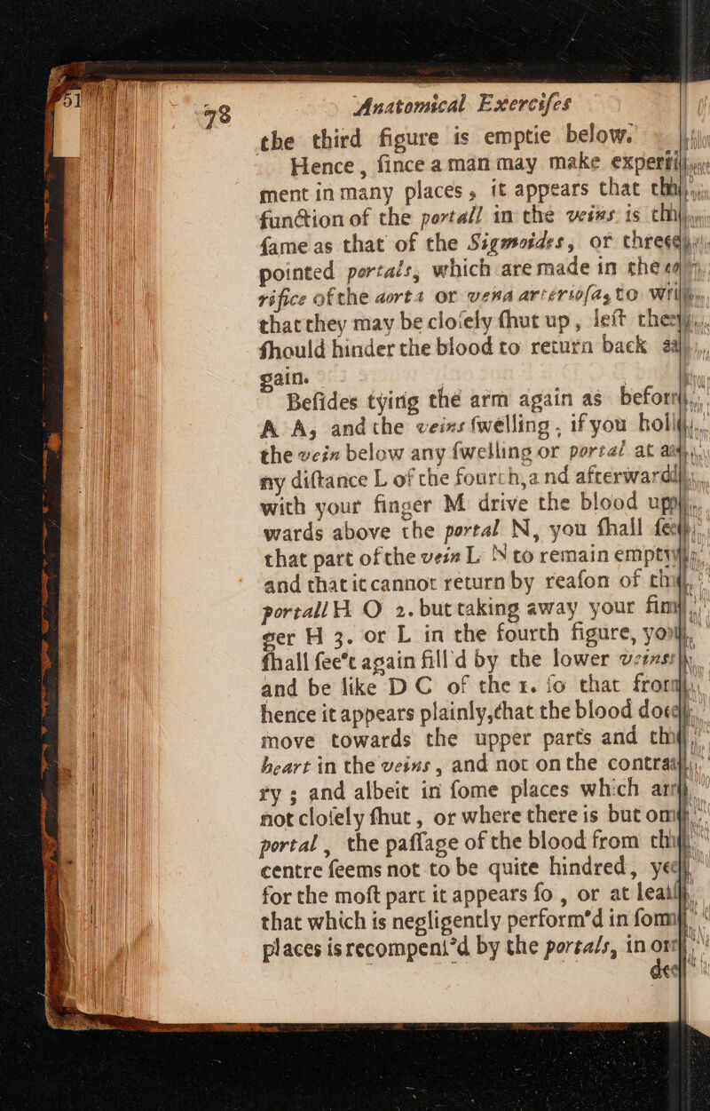 the third figure is emptie below. . |i Hence, fincea man may make experfil..: mentinmany places, it appears that chy), function of the portal! in the veins. is cj. fame as that of the Sigmeoides, or thresqbo ointed portals, which are made in the «qi rifice ofthe aorta or wena arrerio[agto Wilh, that they may be cloiely (hut up, leit theayj,, Should hinder the blood to return back 4a}, ain. | | b Befides tying the arm again as befotri;. A A, andthe weizs fwélling , if you holt... the vein below any fwelling or porta! at aw. ny diftance L of che fourch,and afterward), with your finger M. drive the blood upp, wards above the portal N, you fhall fei. that part ofthe veis L N to remain empty; and thatitcannot return by reafon of chy, * portallH O 2. but taking away your fing), ger H 3. or L in the fourth figure, youl}, fhall fee't again fill'd by che lower vetzsrly. and be like D C of the x. fo that frog hence it appears plainly,chat the blood dosed, | move towards the upper parts and cho. heart in the veins, and not onthe contra), fy ; and albeit in fome places which am. ' not clofely fhut , or where there is but om portal, the paffage of the blood from th centre feems not to be quite hindred, yee, for the moft part it appears fo , or at leailli. that which is negligently perform'd in form