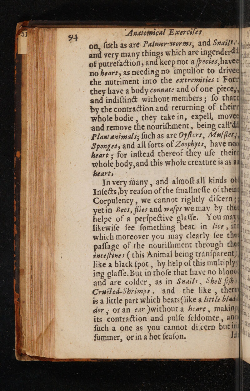 on, fuch as are Palmer-worms, and Suailfi and very many things which are ingenderd}) of putrefaction, and keep not a ff ecies, have, «. TET no heart, as needing no impulfor to drives). BR the nutriment into the extremities : Fort). WD, chey have a body connate and of one pieces)... MEUM and indiftin&amp; without members; fo thatt),.. DAN by the contraction and returning of theitme.. I MN whole bodie , they take in, expell, movegr.; ILU and remove the nourifhment , being calidi; : Plant animals: luch as are Oyfters, Mufflesy b. Sponges, and all forts of Zoophyts, have nod), heart ; for inftead thereof they ufe theitWr whole body,and this whole creature is as 48). AM M hearts | ) a Invery many, and almoftall kinds obli: d Infecs by reafon ofthe fmallnefle ottheitf... i Corpulency, we cannot rightly difcern; p yetin Bees, flies and wa/ps we may by che), . ay belpe of a perfpedtive glafle. You may yi aa likewife fee fomething beat in dice , iq). em e E : which moreover you may clearly fee them hu affage of the nourifhment through cheg MM inteftines ( this Animal being tranfparent]lf, ' MET like a black fpot, by help of this multiply}. ing glaffe. But in thofe that have no blooe EA and are colder, as in Szailt, Shell fifa B Cruiled-Sbrizmps, and the like , thett ES 1 is a little part which beats(like a Zittle blad: B der ; oran ear )Withouta hearer, makinp AU its contraction and pulfe feldomer , ant füch a one as you cannot di'cern butinf] fummer, orina hot feafon. Ii |  i EL EA | i