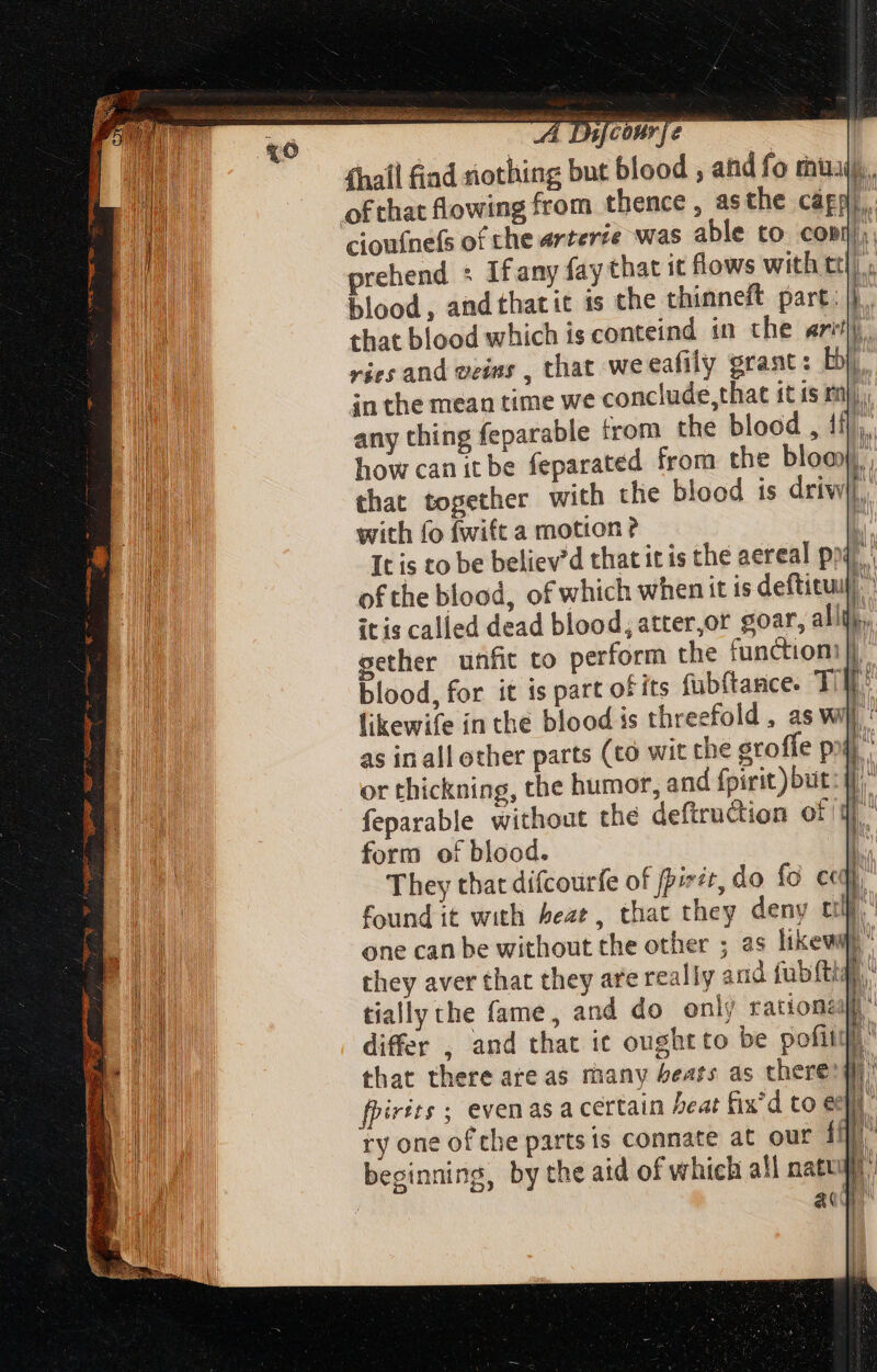 ~ Dafconrfe fhall find riothing but blood , and fo mua, ‘ofthat flowing from thence , asthe cágp).. cioufnefs of the arterie was able to conr; prehend : Ifany fay that it lows with ttl) blood, and thatit is the thinneft part. |]. that blood which is conteind in the «rr. vies and veins , that weeafily grant: bi in the mean time we conclude,that it is ry. any thing feparable trom the blood , {i),, how can it be feparated from the bloa) that together with tlie blood is driw], with fo fwift a motion ? : It is to be believ'd that it is the aereal p of the blood, of which when it is deftitui itis called dead blood, atter,or goar, all gether unfit to perform the function: blood, for it is part ofits fub{tance. Ti likewife in che blood is threefold, as wi as in all other parts (to wit the groffe pi or thickning, the humor, and fpirit)but feparable without the deftruction of 1 form of blood. They that difcourfe of [pizir, do fo ccd, found it with beat, that they deny t one can be without the other ; as likewa, they aver that they are really and fubft tially the fame, and do onlj ration differ , and that it ought to be pofi that there are as many beats as there fpirits ; evenas a certain heat fix'd to ed ry one of the parts ts connate at our Í beginning, by the aid of which all nat | a SERS road casti o mitt ar codi - — -— —— SS m — NET A ER oe ete = 2 S/S eee E E « -— cre x - ae