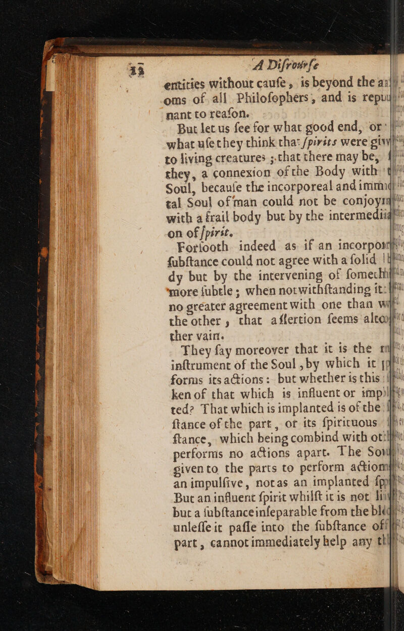 A Difroife entities without caufe, is beyond the az]! ' oms of all Philofephers, and 1s repuy)”’ nant to reafon. ' But let us fee for what good end, or: | what ufethey think tha: /pirits were giv to living creatures ;.chat there may be, 4| they, a connexion ofthe Body with ' Soul, becaufe the incorporeal and immu ^ tal Soul of man could not be conjoyiql* with a frail body but by the incermediiq™ on of [pirit. i Forlooth indeed as if an incorponp! fubftance could not agree with a folid. | ye dy but by the intervening of fomechiy™ more fubtle ; when norwithftanding it: If? no greater agreement with one than wi the other , that affertion feems alta ther vain. | 1 They fay moreover that it is the ruf» inftrument of the Soul ,by which ic jgf' forms itsaCions: but whether is this : Jf ken of that which is influent or impii ted? That which is implanted is of the’! n ftance of the part, of its fpirituous | 1] ftance, which being combind with ot: performis no adions apart. The Soi sivento the parts to perform actiomp! an impulfive, notas an implanted {py Buc an influent fpirit whilft itis not. li but a fubftanceinfeparable from the bl unleffeit paffe into the fubftance off} part, cannot immediately help any ela
