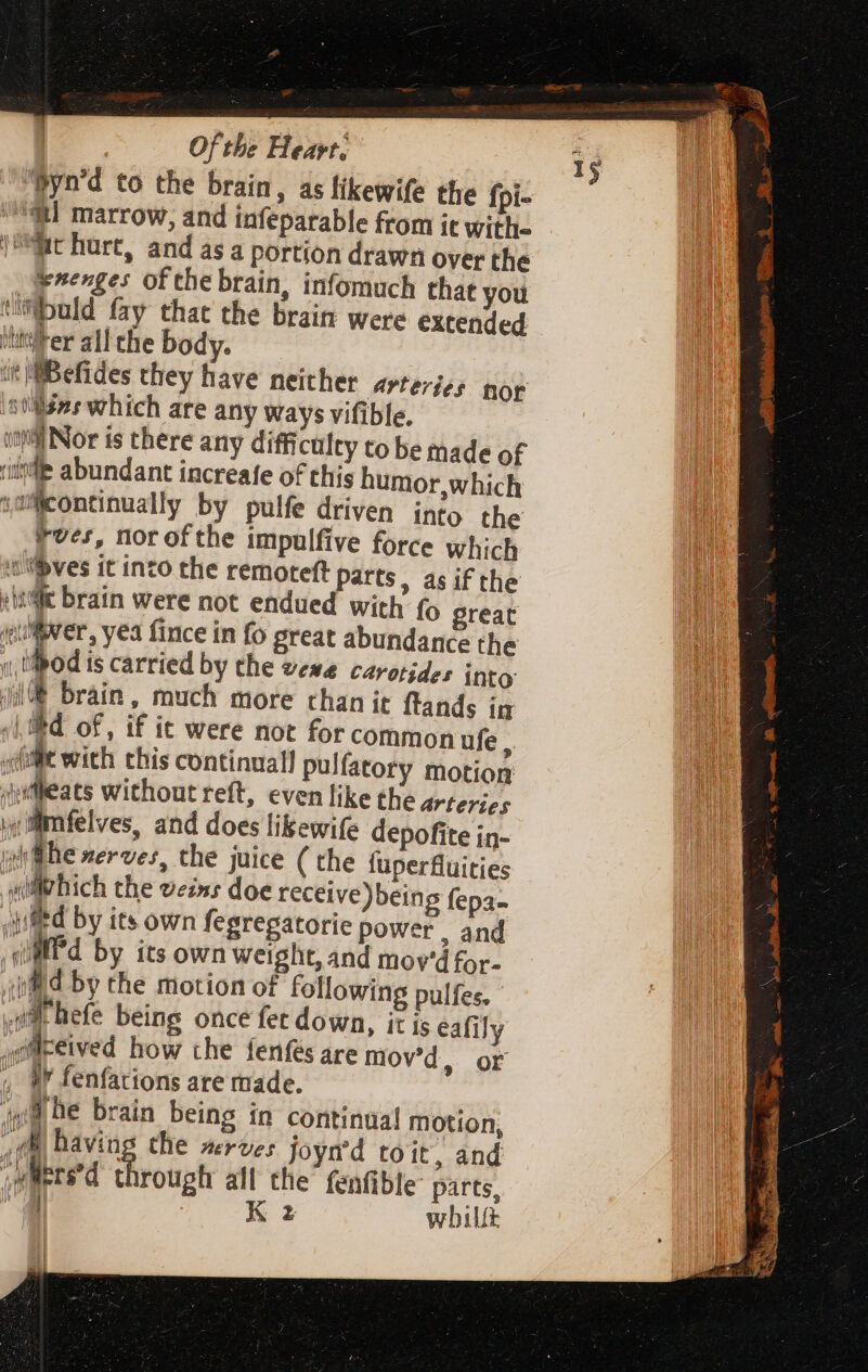 Pyn'd to the brain, as fikewife the fpi- “al marrow, and infeparable from it with- | ^tt hurt, and asa portion drawn over the merge: ofthe brain, infomuch that you bald fay that the brain were extended tirer all che body. it Befides they have neither arteries hor ‘sigs which are any ways vifible. inhi Nor is there any difficulty tobe made of “ii abundant increafe of this humor,which jalicontinually by pulfe driven into the ver, nor of the impulfive force which “ves it into the remoteft parts, as if the patie brain were not endued with fo great silver, yea fince in fo great abundance the v, Ifbod is carried by the vexe carotides into (1 brain, much more than it ftands in vi thd of, if ic were not for common ufe , «dit with this continual] pulfatory motion /wileats without reft, even like the arteries wmfelves, and does likewife depofite in- ylfhe nerves, the juice ( the fuperfluities | mapaich the veins doe receive) being fepa- fed by its own fegregatorie power , and (Md by its own weight, and mov'dfor- iid by the motion of following pulfes. ia hefe being once fet down, itis eafily gmeeived how che fenfés are mov’d, or , W fenfations are made. ^m Oe brain being in continual motion, de having the serve; joyrd toit, and ,wMers'd through all the fenfible parts,