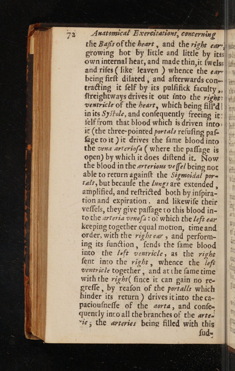 trading it felf by its pulfifick faculty ,, it (the three-pointed portals refufing paf- fage to it )it drives the fame blood into the vena arteriofa ( where the paflage is open) by which it does diftend it, Now the blood in the arterious veffel being not able to return againft the Sigmoeidal por- tals, but becaufe the /ungs are extended , amplified, and reftricted both by infpira- tionand expiration, and likewife their veffels, they give paffage to this blood in- to the arterta venofa: of which the left ear keeping together equal motton, timeand order, with the righrear , and perform- ing its function, fends the fame blood into the /sft ventricle, as the right fent into the right, whence the /ef ventricle together , and at the fame time with the right( fince it can gain no re- greffe, by reafon of the portalls which hinder its return) drives itinto the ca- pacioufneffe of the aorta, and confes quently into all the branches of the arte. vse; the arteries being filled with this fud