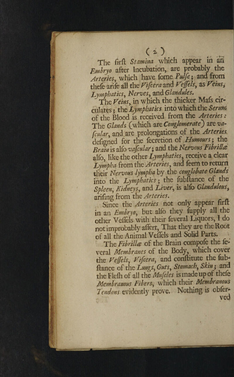 The ftrfl; Stamina which appear in an Emhryo after Incubation, are probably the Arteries, which have fome Pulfe j and from thefe arife all the Fifiera and Fejfels, as Feinsi Lymphatics, Nerves, and Glandules. The Feins, in which the thicker Mafs cir¬ culates ; the Lymphatics into wluch the Serum of the kood is received from the jtteries: The Glands (which are Conglomerate) are va- fcular, and are prolongations of the Arteries defigned for the fecretion of Humours-, the Brain is alfo vafcular; and the Nervous Fihrilla alfo, like the other Lymphatics, receive a clear Lymph a from the Arteries, and feem to return their Nervous lympha by the conglobate Glands into the Lymphatics-, the fubftance of the Spleen, Kidneys, and Liver, is alfo Glandulous, arifing from the_ Since the Arteries not only appear firlt in an Embryo, but alfo they fiipply all the otlier Veflels with their feveral Liquors, 1 do not improbably aflert, That they are the Root of all the Animal Veflels and Solid Parts. The Fihrilla of the Brain compofe the fe- veral Membranes of the Body, which cover the Fiffels, Fifcera, and conftitute the fub¬ ftance of the Lungs, Guts, Stomach, Skin; and the Flefli of all the Mufcles ism^eupof thefe Membranous Fibers, which their^ Mernhranous Tendons evidently prove. Nothing is obfer-
