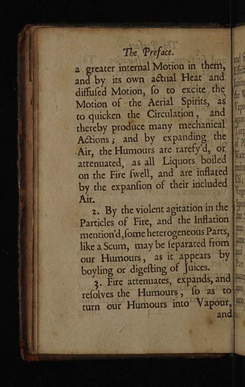   The. Preface. a greater internal Motion in them, and by its own actual Heat and diffuled Motion, fo to excite the Motion of «the Aerial Spirits, as co quicken the Circulation, and — thereby produce many mechanical. | Aétions; and by expanding the | ‘Ait, the Humours are rarety'd, or attenuated, as all Liquors boiled — on the Fire fwell, and are inflated }. by the expanfion of their included | Ar. | 2. By the violent agitation in the | Particles of Fire, and the Inflation | mention’d,fome heterogeneous Parts, like a Scum, may be feparaced from | our Humours, as it appears by} boyling or digefting of Juices. 4 refolves the Humours, {0 as to} turn our Humours into” Vapour,| and hi 