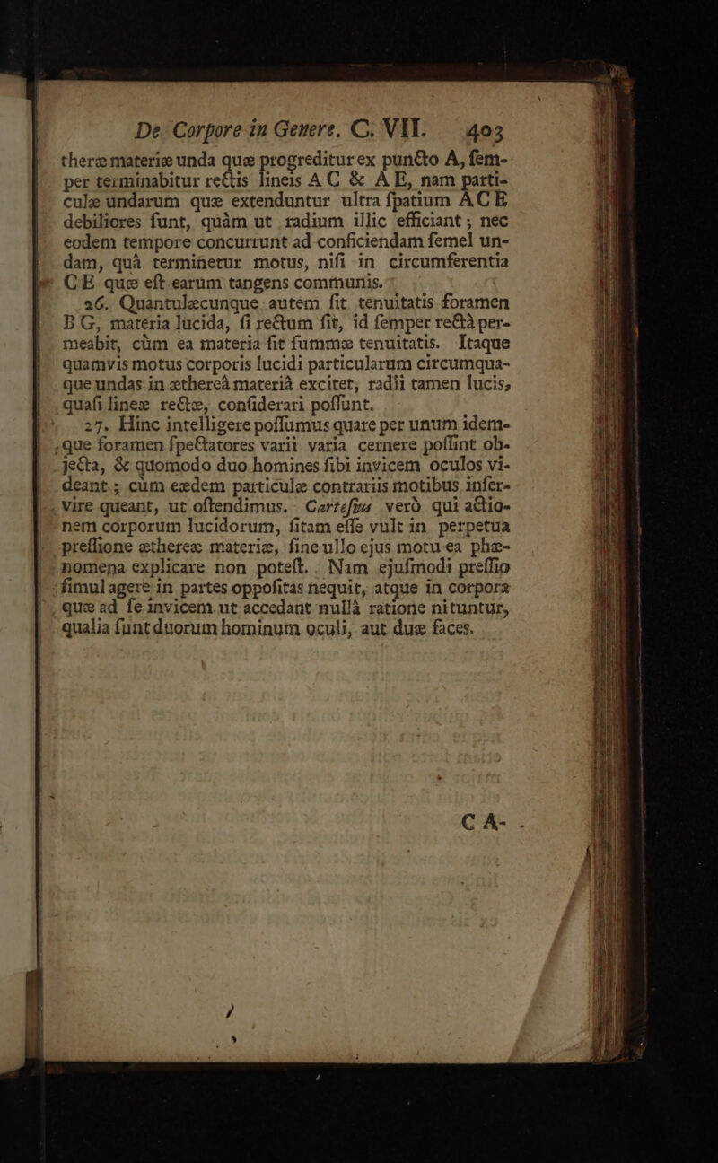 therz materie unda que progreditur ex pun&amp;to A, fem- per terminabitur rectis lineis A C &amp; A E, nam parti- cule undarum quz extenduntur ultra fpatium ACE debiliores funt, quàm ut radium illic efficiant ; nec eodem tempore concurrunt ad conficiendam femel un- dam, quà terminetur motus, nifi in circumferentia CE quse eft. earum tangens communis. 26. Quantulecunque autem fit tenuitatis foramen B G, materia lucida, fi re&amp;um fit, id femper re&amp;à per- meabit, cüm ea materia fit fumm:e tenuitatis. Itaque quamvis motus corporis lucidi particularum circumqua- que undas in zthereà materià excitet, radii tamen lucis; quafilinez reCw, con(iderari poffunt. 27. Hinc intelligere poffümus quare per unum idem- que foramen fpeCtatores varii varia cernere poflint ob- je&amp;ta, &amp; quomodo duo homines fibi invicem oculos vi- deant.; cum ezxdem particule contrariis motibus infer- vire queant, ut oftendimus. Carzefps vero qui aCtio- nem corporum lucidorum, fitam effe vult in. perpetua preffione etherez materie, fine ullo ejus motu ea phz- nomena explicare non poteft. Nam ejufmodi preffio