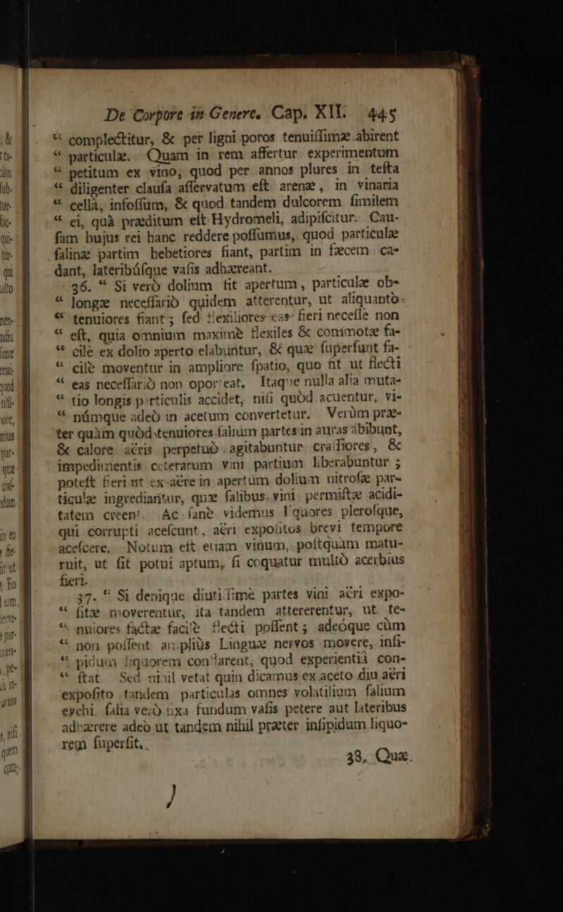 * complectitur, &amp; per ligni poros tenuiffimse abirent particulae. «Quam in. rem. affertur. experimentum * petitum ex vino, quod per annos plures in tefta diligenter claufa affervatum eft arenz, in vinaria cellà, infoffum, &amp; quod. tandem dulcorem fimilem ei, quà praeditum elt Hydromeli, adipifcitur. Cau- fam hujus rei hanc. reddere poffumus,. quod particulae falinge partim hebetiores fiant, partim in facem ca* dant, lateribüfque vafis adhzrreant. 36. * Si vero dolium fit apertum , particulae ob- longz neceffaib quidem atterentur, ut aliquanto tenuiores fiant; fed- &amp;exiliores cas- fieri necefle non eft, quia omnium moxime fexiles &amp; conimotee fa- cile ex dolio aperto elabuntur, &amp; quae fuperfunt fa- cile moventur in ampliore fpatio, quo fit ut flecti eas neceffariD non opor'eat. ltaqe nulla alia muta- tio longis p»rticulis accidet, nifi quód acuentur, vi- nümque adeo in acetum convertetar. Verüm prae ter quàm quód tenuiores (alim partesn auras bibunt, &amp; calore atris perpetub .agitabuntur crafiores, &amp; impedimentis. ceterarum. vint. partium liberabuntur ; poteft feri wt ex-aére in apertum dolium nitrofae par« ticulae ingrediantur, qux falibus. vini permiftze acidi- fatem creen'. Ac (ane videmus l'quores plerofque, qui corrupti acefcunt, aéri expoüitos brevi tempore acefcere. Notum eit etiam vinum, poftquam matu- ruit, ut fit potui aptum, fi coquatur muli acerbius fieri. 37. * Si denique diutidimé partes vini a&amp;ri expo- fit&amp; moverentur, ita tandem attererentur, ut t€» - nmiores factae faciib/ flecti poffent ; adeóque cüm * non poffent an.pliüs Lingua nervos movere, infi- pidum liquorem con'larent, quod experientià con- ftat. Sed niil vetat quin dicamus ex aceto diu aeri expofito tandem particulas omnes volatilium ;falium eyebi. falia vero &amp;xa fundum vafis petere aut lateribus adbzrere adeo ut tandem nihil praeter infipidum liquo* regi fuperfit. 38, Qux. € &amp;c «t &amp;«6 «c «4 «€ €