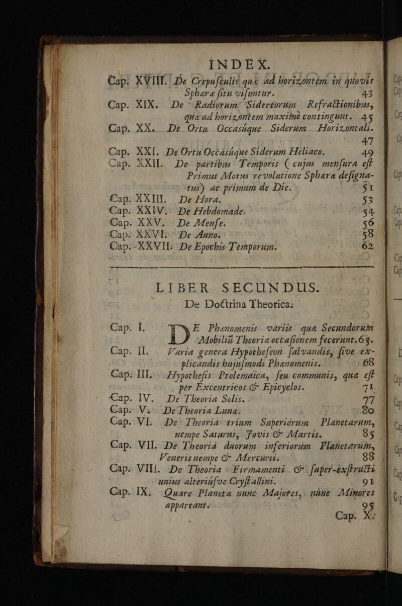 . XIX, De - Radiorum: Sidereorum | Refrattionibus, qua ad borizontem maxiiné contingunt. 4s . XX. De Ortu. Occasiqne | Siderum | Horizontali. s PASE T . AXI. De Ortu Occástque Siderum Heliaco. 49 . AXIL | De. partibus Temporis ( eujus. ien[ura eft Primus Motus vevolutione Sphera defigna- | fus) ac primun de Die; $1 . AXIIL | De Hora. . XXIV... De Hebdomade: . XXV. De AMenfe. SAXVE- De Amo. LIBER SECUNDUS. De Doctrina Theorica: E Pbhanomenis ari quae Secundorum Mobili Theorie occaftonem fecerunt.63. - 1l. | Paria genera Hypotbe[eon. [alvandisy five ex- plicandis buju|modi Phanomenis. CIMIS/ Zypothefis | Ptolemaica, fen communis, qu&amp; eft — por Excentricos C Epicyclos. . IV. De Theoria Solis. OOV. De Theoria Luna. | OVL- De Theoria trium Superiorum — Planetarum, nempe Saturni, Jovis €&amp; Martis. 95 . VII. De Theoria duorum | inferiorim | Platietaruz, Veneris uempe C Mercuri. | - VIH. De Theoria - Firmamenti | 9. fuper-éx[lrutta unius alterin[ve Cry[l Allini. 91 IX. Quare Planete uunc Majores, une 7Mimores appareant. 95 Cap. X: