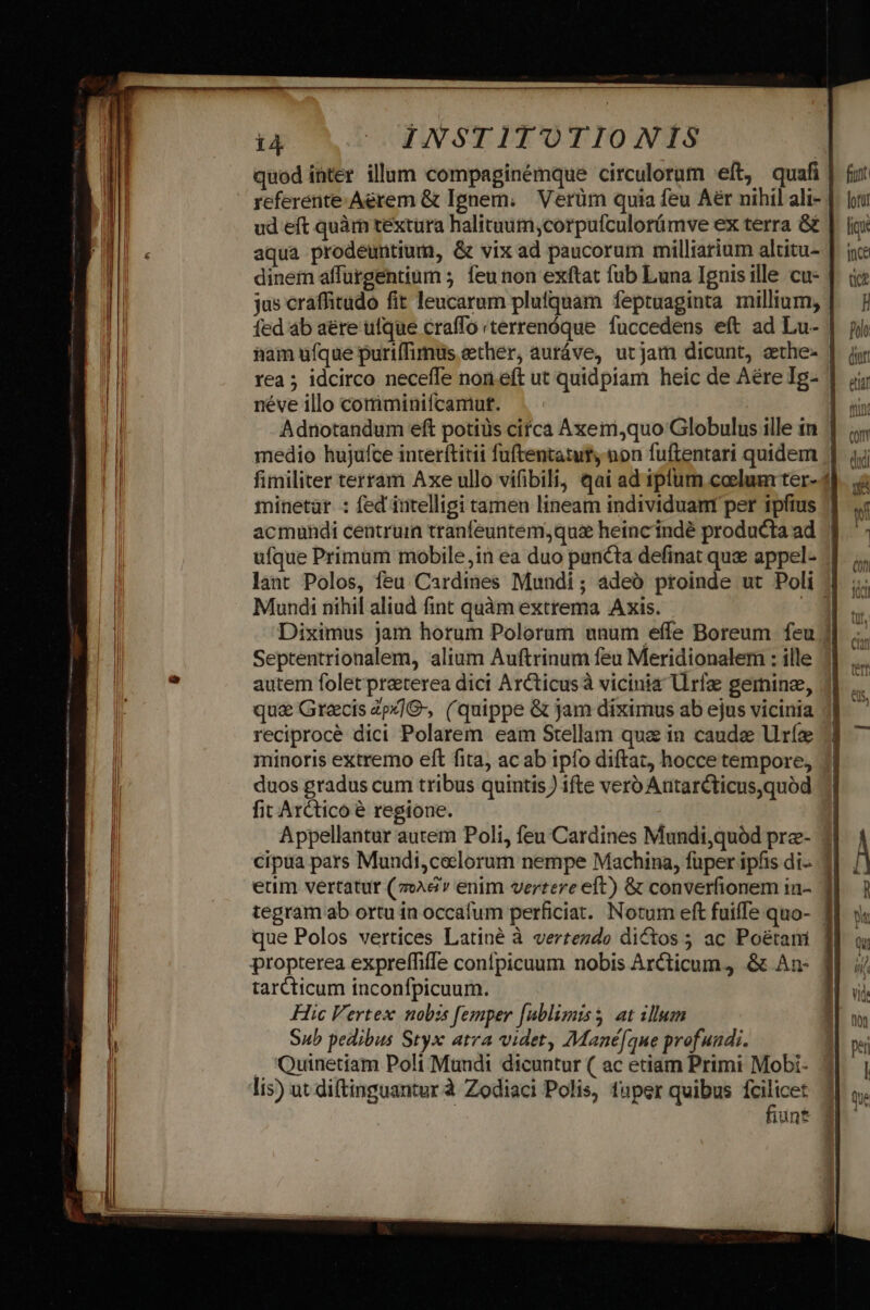 quod inter illum compaginémque circulorum eft, quafi | referente Aerem &amp; Ignem. Verüm quia feu Aér nihil ali- ud eft quàm textura halituum;corpufculorümve ex terra &amp; | aqua prodeuntium, &amp; vix ad paucorum milliarium alcitu- dinem affurgentium ; feu non exftat fub Luna Ignis ille cu- | jus craffitudo fit leucarum plufquam feptuaginta millium, fed 4b aére ufque craffo terrenóque fuccedens eft ad Lu- iam ufque puriffimus ether, auráve, utjam dicunt, sthe- rea ; idcirco neceffe non eft ut quidpiam heic de Aére Ig- | néve illo cortiminifcamut. | Adnotandum eft potiüs cifca Axem,quo Globulus ille in | medio hujufce interftitii fuftentatuty non fuftentari quidem | fimiliter terram Axe ullo vifibili, qai ad iplum calum ter-4 tinetàr : fed intelligi tamen lineam individuam per ipfius acmundi centruin tranfeuntem,qua&amp; heincindé producta ad ufque Primum mobile,in ea duo puncta definat qux appel- | lant Polos, feu. Cardines Mundi; adeó proinde ut Poli Mundi nihil aliud fint quàm extrema Axis. - 9 Diximus jam horum Polorum unum eífe Boreum feu j Septentrionalem, alium Auftrinum feu Meridionalem : ille autem folet preterea dici Arcticusà vicinia Urfe gemine, qua Grecis 25]G-, (quippe &amp; jam diximus ab ejus vicinia reciprocé dici Polarem eaim Stellam que in caude Uríz minoris extremo eft fita, ac ab ipfo diftat, hocce tempore, duos gradus cum tribus quintis ) ifte vero Autarécticus,quód fit Arctico é regione. ' Appellantur autem Poli, feu Cardines Mundi,quód pre- cipua pars Mundi,ceclorum nempe Machina, fuper ipfis di- etim vertatur (7wA&amp;'v enim vertere eft) &amp; converfionem in- tegram ab ortu in occafum perficiat. Notum eft fuiffe quo- que Polos vertices Latiné à vertezdo dictos ; ac Poétam propterea expreffiffe confpicuum nobis Arcticum, &amp; An- tarcticum inconfpicuum. Fic Vertex nobis femper [ublimis3 at illum Sub pedibus Styx atra videt, Mané[que profundi. . Quinetiam Poli Mundi dicuntur ( ac etiam Primi Mobi- lis) ut diftinguantur à Zodiaci Polis, fuper quibus fcilicet | fiunt