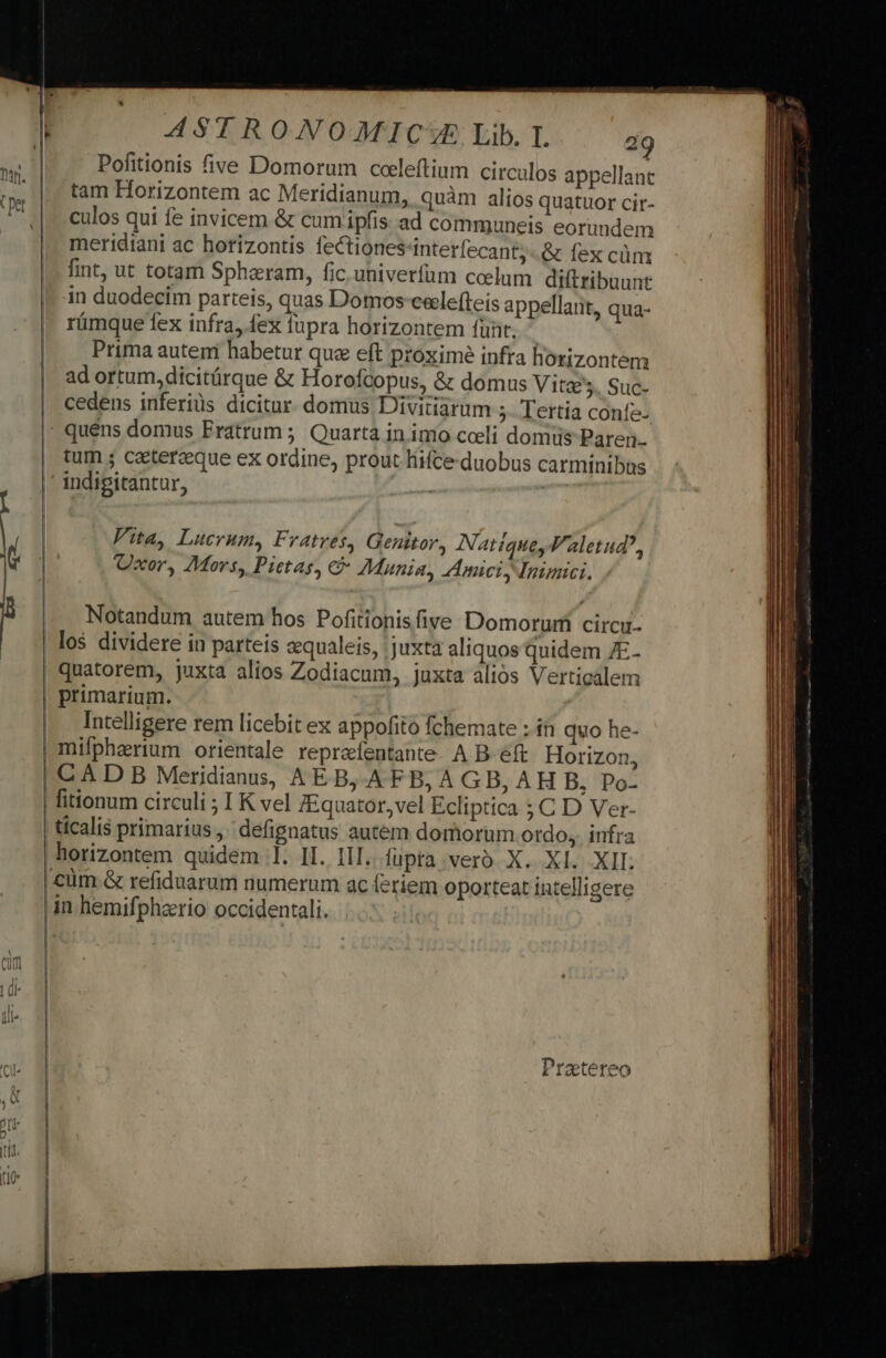 ASTRONOMIC5 Lib.T 49 Pofitionis five Domorum coeleftium circulos appellant tam Horizontem ac Meridianum,. quàm alios quatuor cir- culos qui fe invicem &amp; cum ipfis ad communeis eorundem meridiani ac horizontis fectiones-interfecant, &amp; fex cüm fint, ut totam Spheram, fic. univerfum coelum diftribuunt in duodecim parteis, quas Domos ceelefteis appellant, qua- rámque Tex infra, fex fupra horizontem fünt. | Prima auteni habetur qua eft proximé infra horizontem ad ortum, dicitárque &amp; Horofcopus, &amp; domus Vitaes. Suc- cedens inferiüs dicitur. domus. Divitiarum ; lertia confe- À tum ; cateraeque ex ordine, prout liifce-duobus carminibas Vita, Lucrum, Fratres, Genitor, NatiaqueyValetud, Oxor, Mors, Pietas, &amp; Munia, Amici, Inimici. Notandum autem hos Pofitionis five Domorum CirCu- Intelligere rem licebit ex appofito fchemate : in quo he- mifpherium orientale repraíentante. A B-eft Horizon, C À D B Meridianus, AE B, AFB, A GB, AH B, Do-