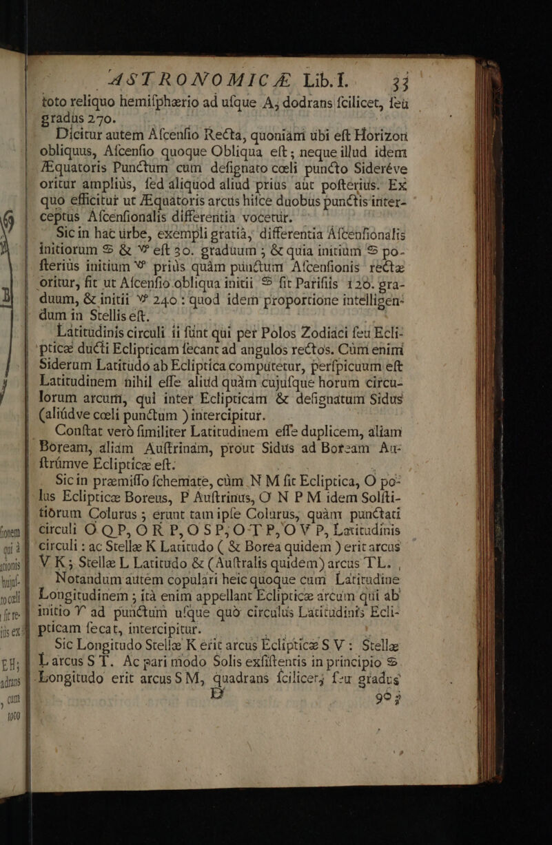 EB; Adrns ASTRONOMIC/E Lib... 3j toto reliquo hemifphzrio ad ufque A ; dodrans fcilicet, feü gradüs 270. idtm | Dicitur autem Afcenfio Recta, quoniáni ubi eft Horizori obliquus, Afcenfio quoque Obliqua eft; neque illud idem IEquatoris Punctum cum defignato cceli puncto Sideréve oritur ampliis, fed aliquod aliud prius aut pofterius. Ex quo efficitur ut /Equátoris arctis hifce duobus punctis inter- ceptus Aícenfionalis differentia vocetur. ^ Sic in hac urbe, exempli gratià; differentia Áfcenfionalis initiorum € &amp; V? eft 3o. graduum ; &amp; quia initium 5 po- flerius initium V^ priüs quàm puuctum Afcenfionis recta duum, &amp; initii V 240: quod idem proportione intelligen: dum in Stellis eft. iprcffigg Latitudinis circuli ii fünt qui per Polos Zodiaci feu Ecli- pticaé ducti Eclipticam fecant ad angulos rectos. Cürr enimi Siderum Latitudó ab Ecliptíca compütetur, perfpicuum eft Latitudinem nihil effe aliud quàm cujufque horum circu- lorum arcum, qui inter Eclipticam &amp; defignatum Sidus (aliádve coeli punctum ) intercipitur. Conftat veró fimiliter Latitudinem effe duplicem, aliam Boream, aliám Auftrinam, prout Sidus ad Boream A ftrümve Ecliptice eft. ! ri Sicin praemiffo fchemate, cüm .N M fit Ecliptica, O po- lus Eclipticae Boreus, P Auftrinus, O N P M idem Solíti- tiorum Colurus ; erant tam ipfe Colurus, quàm punctati V K; Stelle L Latitudo &amp; ( Auftralis quidem) arcus TL. | Notandum autem copulari heic quoque cum | Latitudine Longitudinem ; ítà enim appellant Ecliptice arcam qui ab pucam fecat, intercipitur. t | , .. Sic Longitudo Stellae K erit arcus Ecliptice S V : Stellae Larcus S T. Ac pari modo Solis exfiftentis in principio € Longitudo erit arcus S M, quadrans ícilicerj fax gradus 2] 90 j