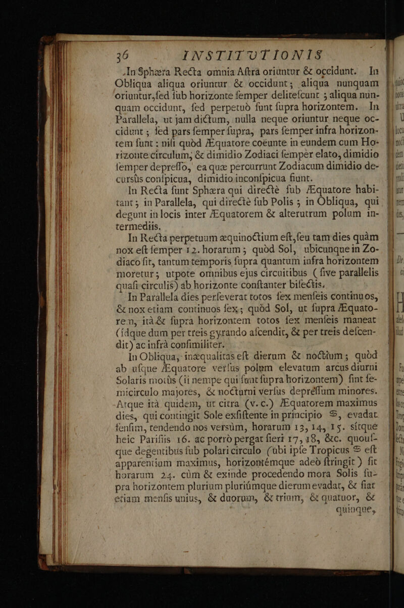 In Sphaera Recta omnia Aftrà oriuntur &amp; occidunt. — In Obliqua aliqua oriuntur &amp; occidunt; aliqua nunquam oriunturjfed iub horizonte femper delitefcunt 5 aliqua nun- quam occidunt, fed perpetuó funt fupra horizontem. In Parallela, ut jam dictum, nulla neque oriuntur neque oc- cidunt ; led pars femperfupra, pars femper infra horizon- tem funt : nifi quód /Equatore coéunte in eundem cum Ho- rizonte circulum, &amp; dimidio Zodiaci femper elato, dimidio lemper deprelfo, ea qua percurrunt Zodiacum dimidio de- cursüs conlpicua, dimidio inconfpicua fiunt. [n Recta funt Sphaera qui directé fub /Equatore habi- tant; in Parallela, qui directe fub Polis ; in Obliqua, qui degunt in locis inter /Equatorem &amp; alterutrum polum 1n- termeditis. In Recta perpetuum equinoctium eft,feu tam dies quàm nox eft femper 12. horarum ; quód Sol, ubicunque in Zo- diaco fit, tantum temporis fupra quantum infra horizontem moretur; utpote omnibus ejus circuitibus ( five parallelis quafi circuli$) ab horizonte conftanter bifectis, In Parallela dies perfeverat totos fex menfeis continuos, &amp; nox etiam continuos fex; quód Sol, ut fupra /Equato- ren, ità&amp; fupra horizontem totos fex meníeis maueat (ídque dum per treis gyrando afcendit, &amp; per treis deícen- dit) ac infrà confimiliter. In Obliqua,: inzqualitas eft dierum &amp; noctium; quód ab ufque /Equatore verlus polem elevatum arcus diurni Solaris nuts (ii nempe qui fat fupra horizontem) fint fe- micirculo majores, &amp; nocturni verfus depreffum minores. Arque ità quidem, ut citra (v. c.) /Equatorem maximus dies, qui contiugit Sole exfiftente in principio. $5, evadat fenfim, tendendo nos versüm, horarum 13, 14.15. sítque heic Parifiis 16. ac porro pergat fiert 17, 18, &amp;c. quoul- que degentibus fub polaricirculo ('übi ipfe Tropicus 9 eft apparenium maximus, horizontémque adeo ftringit ) fit horarum 24. cüm &amp; exinde procedendo mora Solis fu- pra horizontem plurium pluriámque dierum evadat, &amp; fiat etiam menfis unius, &amp; duorum, &amp; trinm, &amp; quatuor, &amp; quiuque,