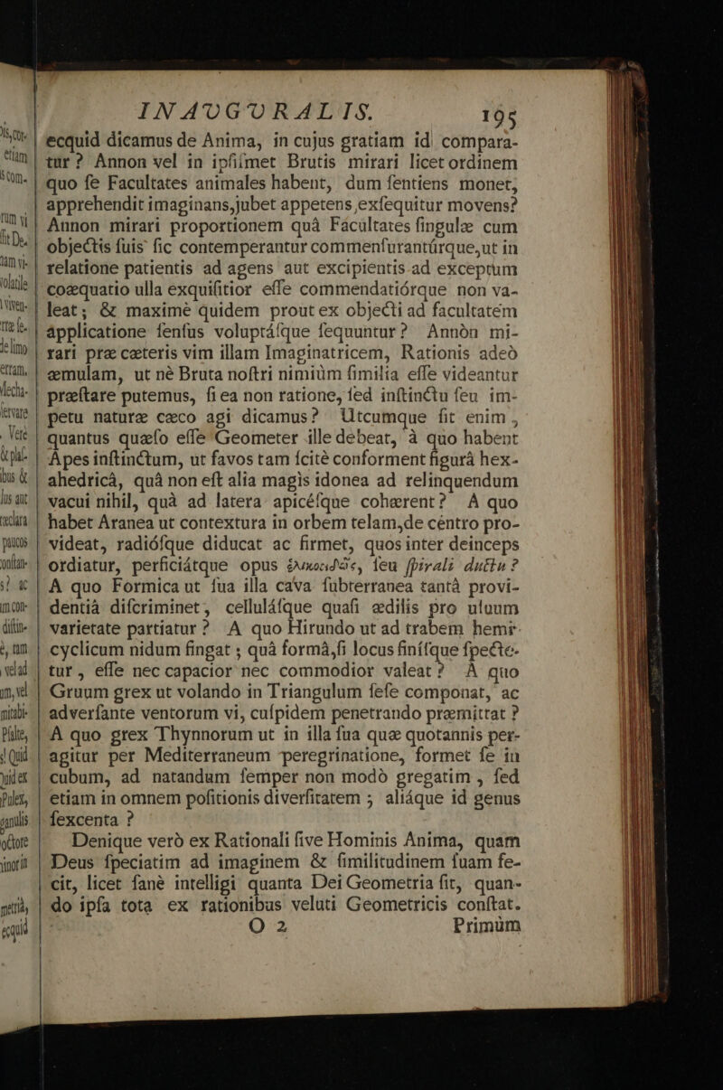 s ett eam S CQm. fum vi 14m vj« iolatile Iit f. INAUG'ORALIS. 105 ecquid dicamus de Anima, in cujus gratiam id compara- quo fe Facultates animales habent, dum fentiens monet, apprehendit imaginans,jubet appetens exfequitur movens? Aunon mirari proportionem quà Facultates fingulae cum etam, flecha. vire . Vere pt bu &amp; lüs qut data picos oua a Im Col dift 2, für | ve A m, mitabi- Písle, ! Quid Jui ex Pules, alls nori matis «qii leat; &amp; maximé quidem prout ex objecti ad facultatem applicatione fenfus volupráíque fequuntur? Annón mi- rari pra ceteris vim illam Imaginatricem, Rationis adeó emulam, ut né Bruta noftri nimiüm fimilia effe videantur preítare putemus, fiea non ratione, led inítinctu feu. im- Utcumque fit enim , quantus quafo effe Geometer ille debeat, à quo habent Apes inftinctum, ut favos tam fcité conforment figurá hex- ahedricà, quà non eft alia magis idonea ad relinquendum vacui nihil, quà ad latera: apicéfque coherent? À quo ordiatur, perficiátque opus &amp;«xeidàs, leu fpirali dutin ? dentià difcriminet, celluláfque quafi aedilis pro uluum cyclicum nidum fingat ; quà formá,fi locus finífque fpecte- Gruum grex ut volando in Triangulum fefe componat, ac | adverfante ventorum vi, culpidem penetrando praemittat ? | À quo grex Thynnorum ut in illa fua qua quotannis per- | agitar per Mediterraneum peregrinatione, formet fe in | etiam in omnem pofitionis diverfiratem 5. aliáque id genus | fexcenta ? Denique veró ex Rationali five Hominis Anima, quam | Deus fpeciatim ad imaginem &amp; fimilitudinem fuam fe- | cit, licet fané intelligi quanta Dei Geometria fit, quan- | do ipfa tota ex rationibus veluti Geometricis conftat. | O2 Primum