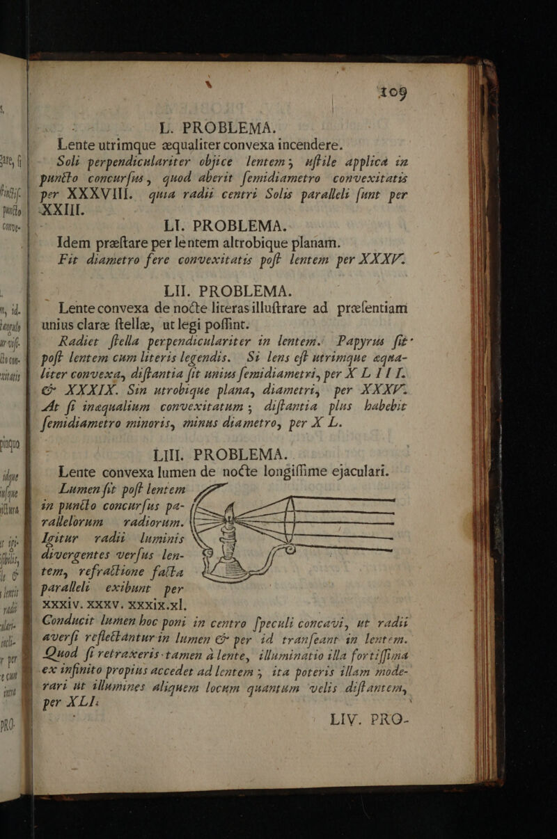 tfi | | | TOIT ittli- eal pm. X09 : L. PROBLEMA. Lente utrimque equaliter convexa incendere. Soli perpendiculariter objice lentem uflile. applica. im untlo concuríus, quod aberit f[emidiametro | convexitatis per XXXVIII. | qua radu centri Solis paralleli [unt per . XXIII. LI. PROBLEMA. Idem preftare per lentem altrobique planam. Fit diametro fere convexitatis poff lentem per XXXV. LII. PROBLEMA. Lente convexa de nocte literasilluftrare ad. prefentiam unius clare ftellae, ut legi poffint. Radiet | flella perpendiculariter im lentem. poft lentem cum literis legendis. | Si. lens eff utrimque aqua- [iter convexa, diftantia [it unius [emidiametvi, per X L 1I I. € XXXIX. Sin utrobique plana, diametri, per XXXV. dt fi inaqualium | convexitatum ,. diflantia plus. babebit LIII. PROBLEMA. Lente convexa lumen de nocte longiffime ejaculart. Lumen fit: poft lentem im punélo concur[us pa- (f. AQ rallelerum | radiorum. 4 : litur vadi luminis NA divergentes verfus len- &amp; ce /a tem, vefratlione f4lta UA LJ parallela — exibunt per XXXIV. XXXV. XXXIX.Xl. ! Conducit. lnmen boc poni im centro fpeculi concaui, ut radi averft refletbanturin lumen € per id tranfeant 1m lentem. Quod. fi vetrasxeris tamen à lente, illuminatio illa fortiffima ex infinito propius accedet ad lentem y. ita poteris illam mode- pev XLI LIV. PRQ-