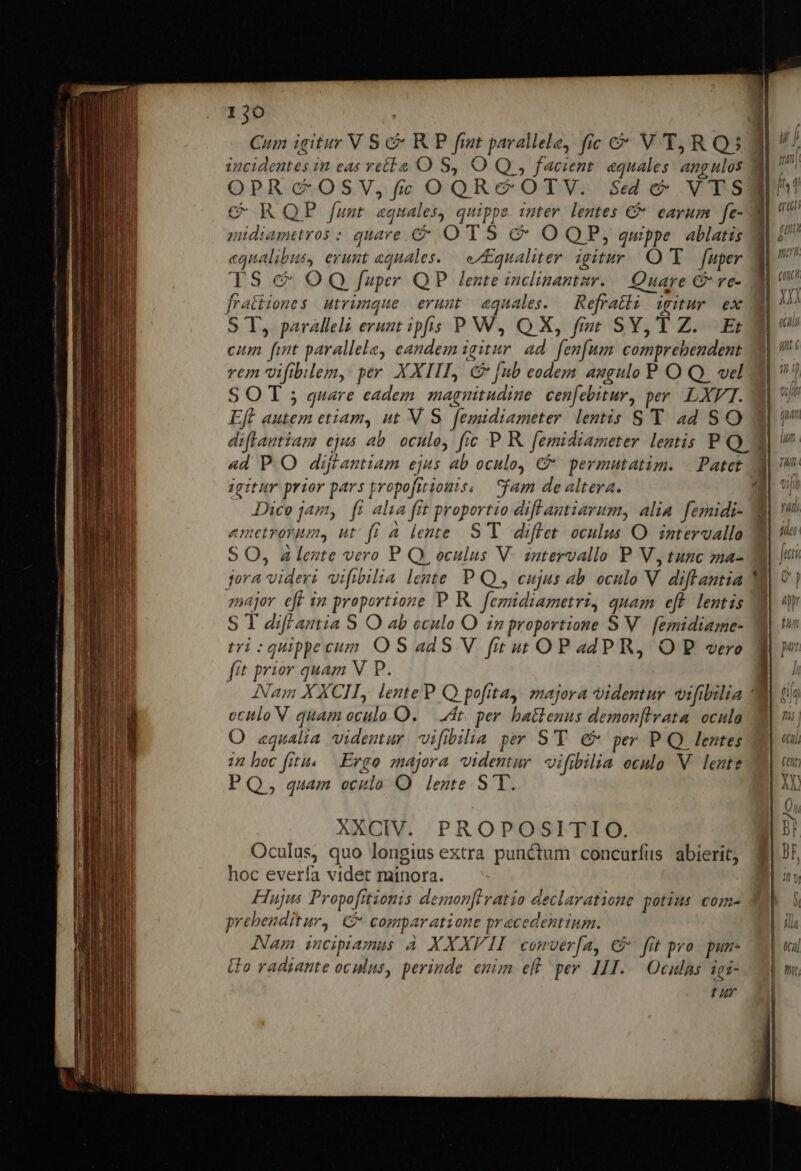 Cum igitur V S c RP fint parallele, fic &amp;?* VY,RQS5. OPRCOSV,fc OQRcCOTV. Sede; VTS ^ RQP fut «quales, quippe. inter lentes €&amp; earum | fe- andiametros : quare. OT S &amp; OQP, quppe ablatis «qualibus, erunt equales. — qualiter. igitur QUY. fuper lS c&amp; OQ /uper QP lente inclinantur. |. Quare € ve- fratiiones utrimque eruut ^ equales. — Refratli igitur ex S'T, paralleli erant ips PW, Q X, fizt SY, Y Z. Et cim fint parallelo, candem igitur. ad. fen[usm comprebendent rem vifibilem, per XXIIL, C [ub eodem augulo P O Q. vel S OT ; quare eadem magnitudine cenfebitur, per L.XFT. Eff autem etiam, ut N S. fegidiameter. lentis S'T ad SO diflantiam ejus ab oculo, fic P. R. femidiameter lentis P Q,; «ad P.O diüffantiam ejus ab oculo, € permutatim. igitur prior pars yropofitionts, | fam de altera. Dice jam, fi alia frt proportio difrantiarum, alia. femidi- enetrorum, ut: fi à lente. S'Y difflet oculus O. interuallo S O, a lente vero P Q, oculus V. zatervallo P V, tunc ma- jora videri vifibilia lente P Q, cujus ab oculo V. diflantia sajor eff im proportione P R. femidiametri, quam eft. lentis S T diffautia S O ab eculo O in proportione S V. [emidiame- tri:guippecum O S a4S V fit ut OPadP R, OP vero fit prior quam V P. Nam XXCI, lente P Q pofita, majora videntur vifibilia | ocitlo N quam oculo O. — t. per. batlenus demon[lvata. oculo O aqualia videntur. vifibilia per S'T &amp; per P Q lentes 72 boc fitu. — Ergo majora videntur. vifibilia oculo V. lente PQ, quam oculo O legte. S T. XXCIV. PROPOSITIO. Oculus, quo longius extra punctum concuríus abierit; hoc evería videt minora. Hujus Propofitionis demonfivatio declaratione potius com- prehenditur, 5 comparatione pr acedentium. INam incipiamus à XXXVII comver[a, € fit pro. pun- Go radiante oculus, perinde enim eft per. IJI. Oculis iei- tur -