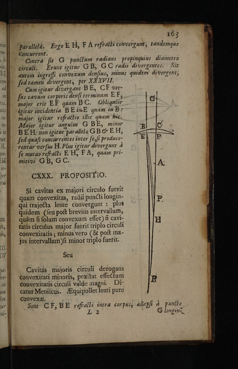 Concurrent. fed tamen. divergent, per XXXVII. Cum igitur divergant B E, C F ver- s cavum corporis den[r terminum EF maj erit EF. quam DC. Obliqmior igitur incidehtia B Ei»E quaminB: Major igitur angulus G BE, minor B E H- zo igitur qarallela G B &amp; E H; fed quafi concurrentes inter [eyft produce- fe mutuo refratti E. H, F A, quam pri- mitiv; GB, GC. CXXX. PROPOSITIO. |. Si cavitas ex májori circulo fuerit quam convexitas, radii puncti longin- qui trajecta lente convergunt : plus Quidem (feu poft breviüs intetvallum, quàm fi folumi convexum effet) fi cavi- tatis circulus major fuerit triplo circuli convexitatis ; minus vero (&amp; poít ma- jus intervallum)fi minor triplo fuetit. Seu Cavitás majoris circuli derogatis Convexitati minoris, pra(tat. effectum Convexitarís circuli valde magni. Di catur Meniícus. JEquipollet lenti pure Convex$. . . DX G longinz,.