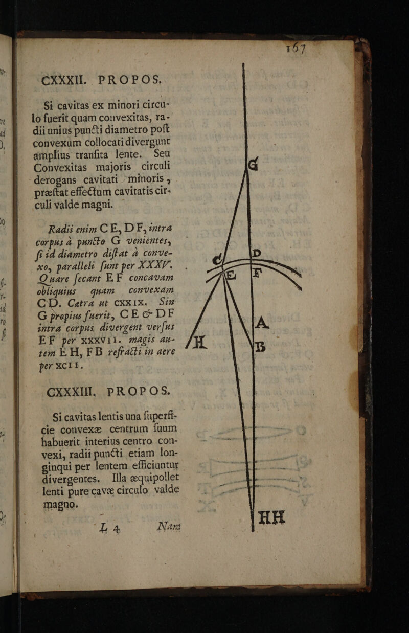 (t 0 ^ CXXXI. PROPOS, Si cavitas ex minori Circu- lo fuerit quam convexitas, ra-- dii unius puncti diametro poft convexum collocati divergunt amplius tranfita lente. Seu Convexitas majoris circuli derogans cavitati . minoris , preftat effectum cavitatis cir- culi valde magni. Radii enim C E, D F,zntra corpus à puncto Cx vementes, fi id diametro diflat à comve- «o, paralleli [unt per XX XP. Quare [ecant E.F. concavam obliquius — quam convexam CD. Catra ut CXX1X.— Siz G prepius fuerit, C E. C DF intra corpus divergent ver[us EF per XXXV1l. magis an- ten EH, FB vefratti in aere per xcii. CXXXII. PROPOS. Gi cavitas lentis una fuperfi- cie convexe centrum fuum habuerit interius centro. con- vexi, radii puncti etiam lon- ginqui per lentem efficiuntur divergentes. Illa eequipollet lenti pure cav&amp; circulo. valde magno. L4 Nam