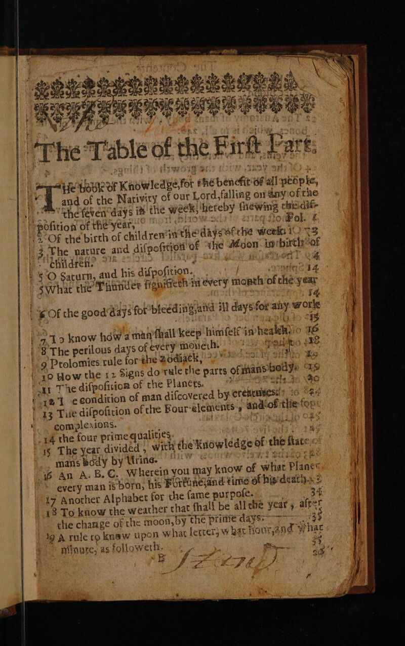 SOR: ee i The ‘Table of che Firtt ie are: “i He bovk °F KANWlederet ee pencti of é alt aebpte | and of the Wariviry of Our Lord, falling on anyiofrhe +4 “the feven days i ene. werk meeeny pass the cae  sBftios of the year, oF al. 3° O8 the birth of children wie dafy atthe weelniO * &lt;3 3 The nacure an d difpofrtion @ of “ihe nies isp bircly’ jof ». onildren. ih AT 24 + $O Saturn, and his difpofit ion. adda 14 swhat the Thunder figm Meth td every month of che:year Iq { f Of the good aa 73 fot bleeding atid il! daysifor any work rete 7s 7.19 know how a man’fhall Kees himifelf ihe alc &gt; TG 8 The perilous days of every monerh 9! eit » $38. ‘9 Prolomies pr forghe Zodaack ie Mio’ 19 How the x2 Signs do rule che parts of hans sboly boat 7 ae difpofisiom of the Plancts. ao “21 ceondition of man difcovered by crises: i O8e 13 Tue difpoficion of che Four-elements's andiof Harts fori complexions. | a 14 the four prime qualities is The year divided , with the Kaowledge of the fate mans ody by Urine. Be 16 4n A. B.C, Wherein you may now of what Plane: every man is born, his Fixtondand time ot his deaty.s 17 Another Alphabet for the fame purpole. 34 13 To know the weather that fhall be all che year » afeer che change of the sey the prime days: &gt; #39 Od rule re ek ape mn what letrer} w kat hour Ants “hac 39 iy, }