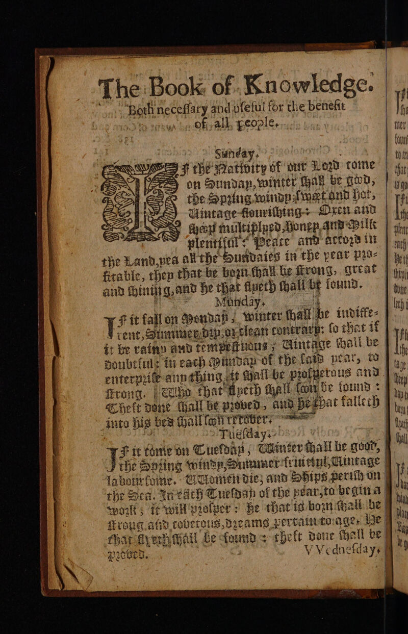 eo ee oan — si aa The E Book. e Knowledge. ead neceflary and ufeful for the benefte ofall, people, Sunday V+ on Sundap, winter ak be gid, the Sprig winap fet and hot Ginrane-flenrifhing- Dren and * ‘plentifals Beare anv Kcfo2D iit the Lan, nea al the Eynavaies in the pear p0- and fini g, and he that duct) thall ut found. Munday, ent, Suinmesy opsorclean contrarp: fo that if soubrfals Ti cach Munoap of thefaia pear, to ehele pone (Hall be proven. and, bed ghat fallerh jute bis bea (hail fm rete cel : “TueMaye' F ie tote on Cueloapy ; Chinter fall Lie gor, rar hy er, Shadl Le found s thett pate Hall be 49 eae fe CCBUY