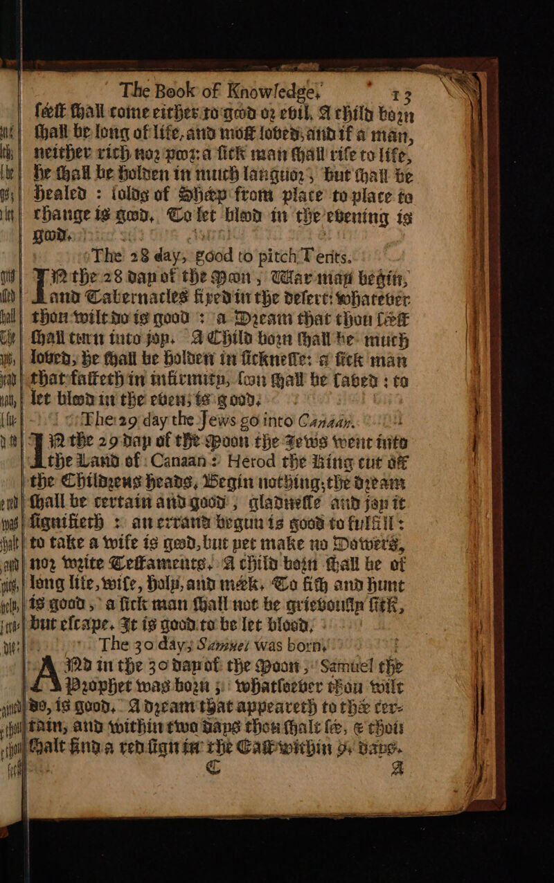 en MEY The Book of Knowled¢ Cy 12 /The 28 day, good to pitch'T ertts. Mthe 28 dap ot the Man, War wiag best, and Cabkernacles fiped tit the delfert: whatever hil) thon-wiltpe is good + a Dean that chon Leet Cw) Hall torn tutojop, A CHD how hall he much lobed, He hall be Holden in ficknefle: a fick man | thatfatfech in infirimitn, fon mall be Cabed ; co iat, | det lest 111 the ebews te ig 00d; es liv} “1.1 cE hea day the Jews go into Canaar. th) A the 29 Dap of the Mvon the Fews weit ito ii the Land of Canaan: Herod the hing cut af the Chtlineus Heads, Begin nothing: the dvam ph) hall be certain and good, gladwetle and jap it fignifierh + anerrana beguats good to full: i | to take a wife is geod, but pet make no Dawers, ah} 1102 tweite Ceiaments, A child bein hall be of sot, | Long Ite, wife, Holy, and mek, Co ith and hune iilt, | 28 good, a fick man Wall not be qrievontin Tek, nh) Dut elcape. Fe ig good.to be let blood; | fe oo The 30 day3 Samet was born)? - | fA I2V in the 30 Dawot the Moon, Samuel che | Prophet was hor 3; whatleever chon wilt aiid} BO, 18 Qood, A dean that appeareth to che cev- up tain, and within twa daps chow fhale fe, € choi: inl) alt finda rediliat te che Cawwichin 9 pave. an eee C 4