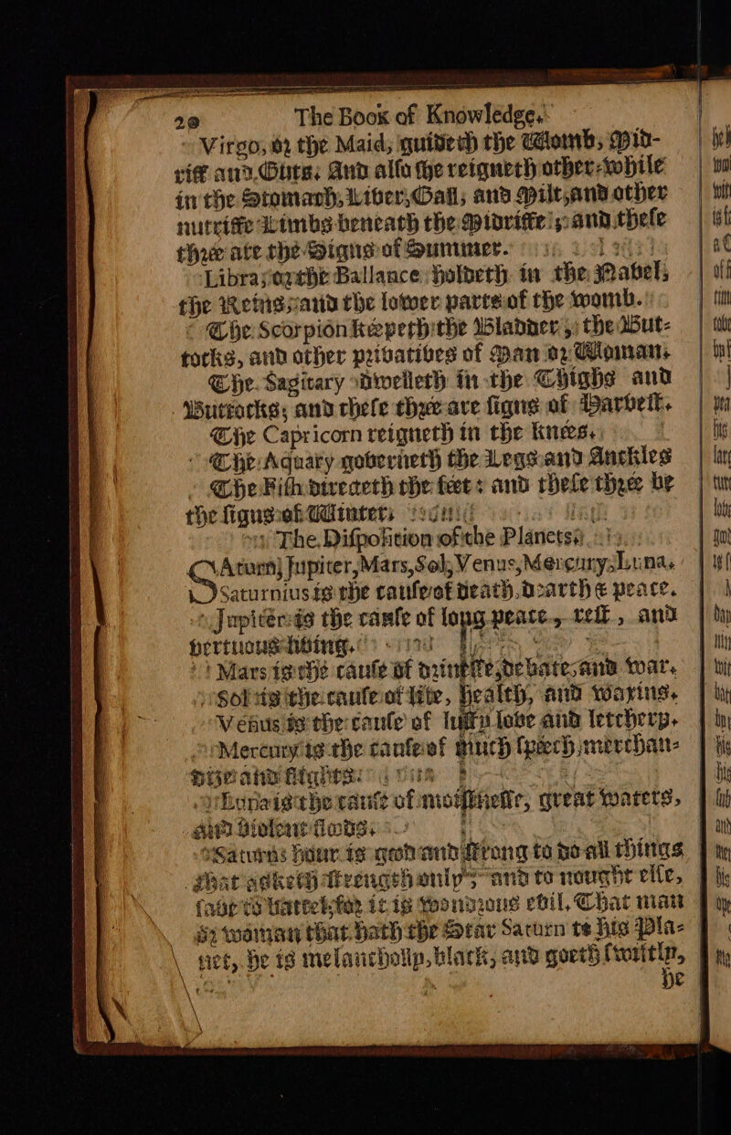 + Virgo, oi the Maid; quiver the tomb, Min- rig ana.®ure: And allo he reiguerch other-while inthe Stomach, Liber, Gall; and pilt,and other nutrite winbs beneach the Midvitte! sand thele foe ate rhe Signs ofSummer. i, 6 se! Libraveqebe Ballance holbeth tw the sRabel; the Weinssariy the lower partsof the womb. * @bhe Scorpion keperhithe Wladper’,; the Wut- forks, and other peivatibes of Man op Woman, Che. Sagitary Hrwelleth in the Ghiabs and ‘‘Wurrorks; and chefe thue-ave figns af arbetl. Che Capricorn reigneth in the knees. | Che: Aquary qoberneth the Legeand Auckies Che Kith pwecech che fees and hele thee by the figuesekGGinters fod oe Nae | 1) The, Difpoktion ofthe Planetss .../: ce andl mpi ays em Saturniusig the caufeot peath, Doarth € peace. » Jupitersds the canfe of long peate., ret, and Hertnowsdingy sm Bye ei Mars tgrhie cante of orinefeoebatesane war. Soltis hecanfe ot tite, Health, and wayins. Webus de the coule of Iuffiloke and letcherp. | th Merenry te the canfeel much (peech merchant: | Siramihiqhrad vim Pye soe ce by orbonaisibe rantt of moiihetir, great warets, | om Biel fads. &gt; +. | “Saturns hour is gonad drong te pow things | goat adke@ ttrengehanip sand to nought el{e, | forts Wareebfar cig onde ebil, Chat mia | Sr vwarian thar bath rhe Stay Sacurn ts his Pla- \ viet, He ts melauchollp, black, ang sie 0 i; bane $\% 2 . \ \
