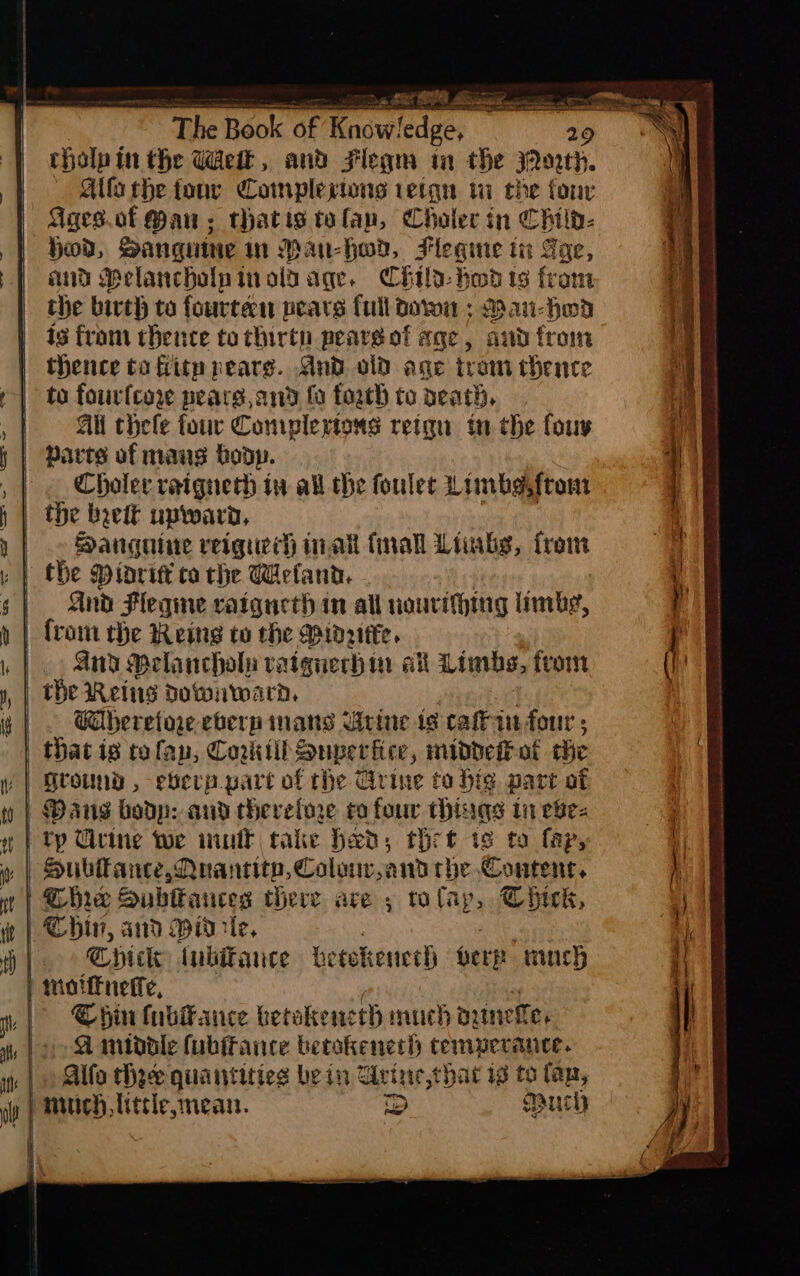 FS IE tia tholpin the Udeit, and Flegm ia the Pork, Al the fony Complepions tetan wi che ont Gaes.of Man. thatis tafap, Choler in Chto Hod, Sanguine in Ban-hov, Fleqime tn dae, and Belancholpinolaage. Childs: hod 1s fran the birth to fourten pears full down; Mau-hwd 13 fram thence torhirtn pearsof age, and from thence to fitp pearg. And old ane tram thence to fourfcore pears, and fo forth to beath, | AW thele four Compleytons retqu in the fouy | Parts of mang boop. Choler raignech ta al che foulet Limbe,frout the beett upward, Sanguiare reiguech inal final Limbs, trem | the Miaritt co the Wetand. 7 | And Fleqmne vatanethin all ourithing limbe, | (rom rhe Reing to the Mid2tke. And Melancholy vatanech wi ak Limbs, from the Reing downward, Ghereine eberpimans Urine tg cain four ; that is tofap, CorkiibSuperctice, middefot he Htoundy , eberp.part of the Grine to big part af | Dang bodp: and therefore co four hiss in eve- || tp Cicine toe inult take hed, thrt is ta fap, | Subance, Quantity, Colonv,and rhe Content, Ghee Subifances there ave ; talay, Chwk, Thi, and Midaile, , Chick nbitauce betokeneth oerp wuch | moiffneffe, Shin (ubance betakeue th much ainelfe. » SA imntddle fubifance betokeneth temperance. | Alfa thee quantities bein Grine,that is to fap, much, little, mean. ie) uci sien = sont naar See eee — earn Cs elle eR st
